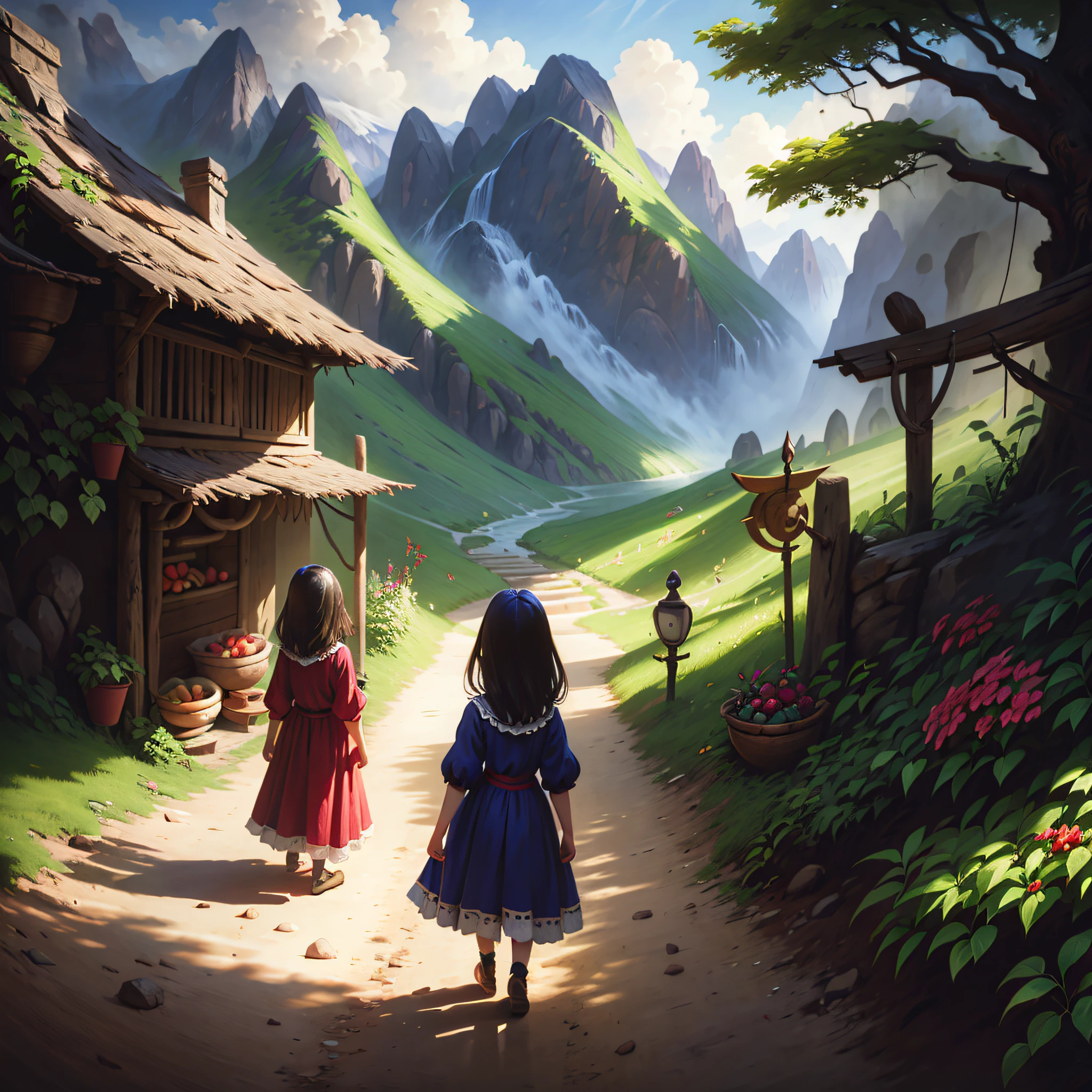 little girl with long dress offering beautiful fruits to her father and mother and her brother 5 people and in the background a beautiful landscape of mountains bright colors beautiful drawing --auto --s2
