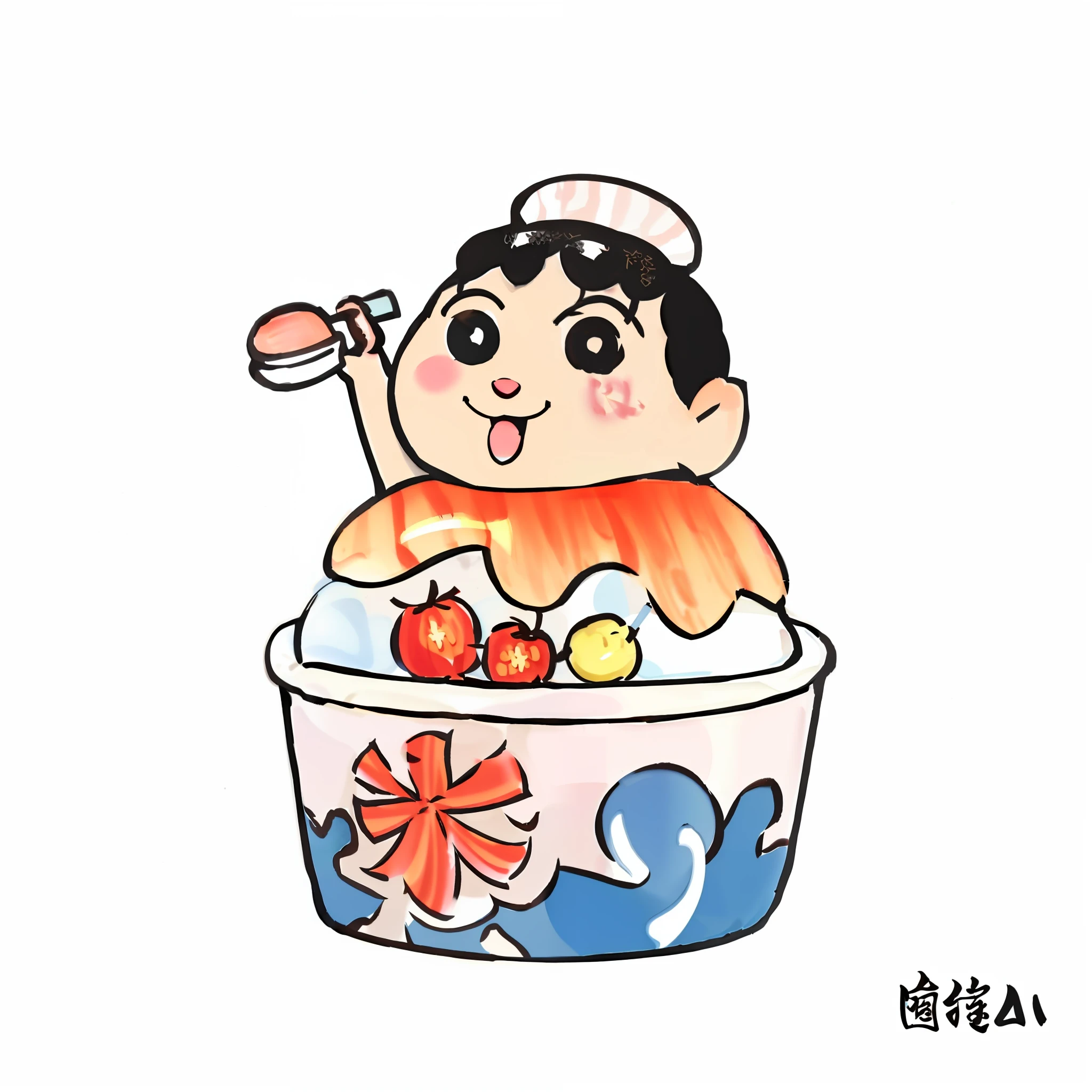 cartoon character of a boy in a bowl of food with a spoon, sticker illustration, character is covered in liquid, telegram sticker, hand painted cartoon art style, 🔞🤡, telegram sticker design, inspired by Kun Can, inspired by Ma Yuanyu, mapo tofu cartoon, 中 元 节, 🐿🍸🍋, cute illustration