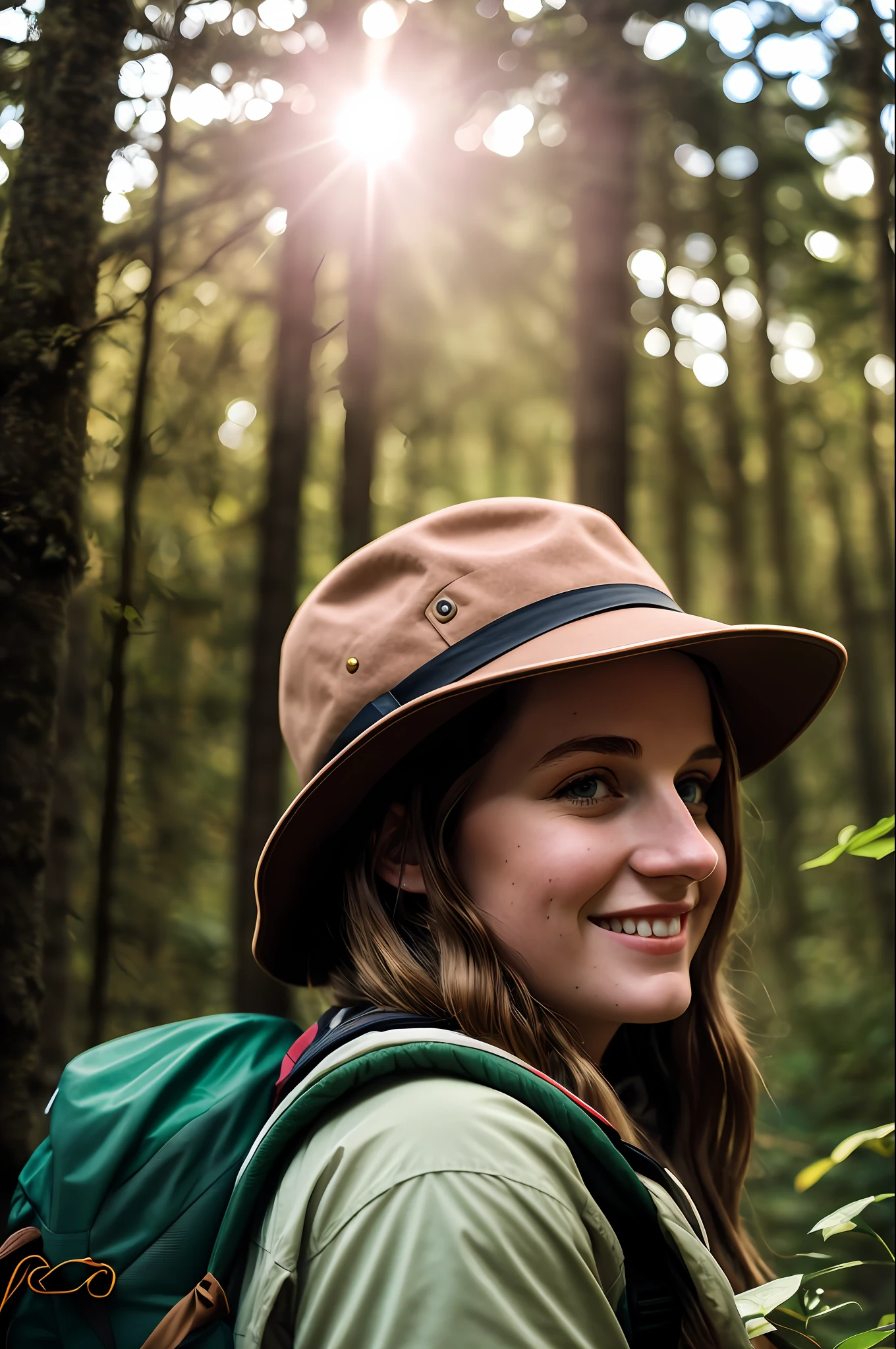 Close-up shot, 55mm Canon lens, volumetric lighting, Fujifilm XT3 lens, upper body portrait, a young white woman, happy, 18 years old, light brown hair, brown coat, explorer's hat, backpack, tattoos on the arms, forest with flowers and wild plants in the background, indigenous buildings, trails, clear day, dusk, sunlight passing through the trees, high resolution image, Detailed texture, realistic depth of field