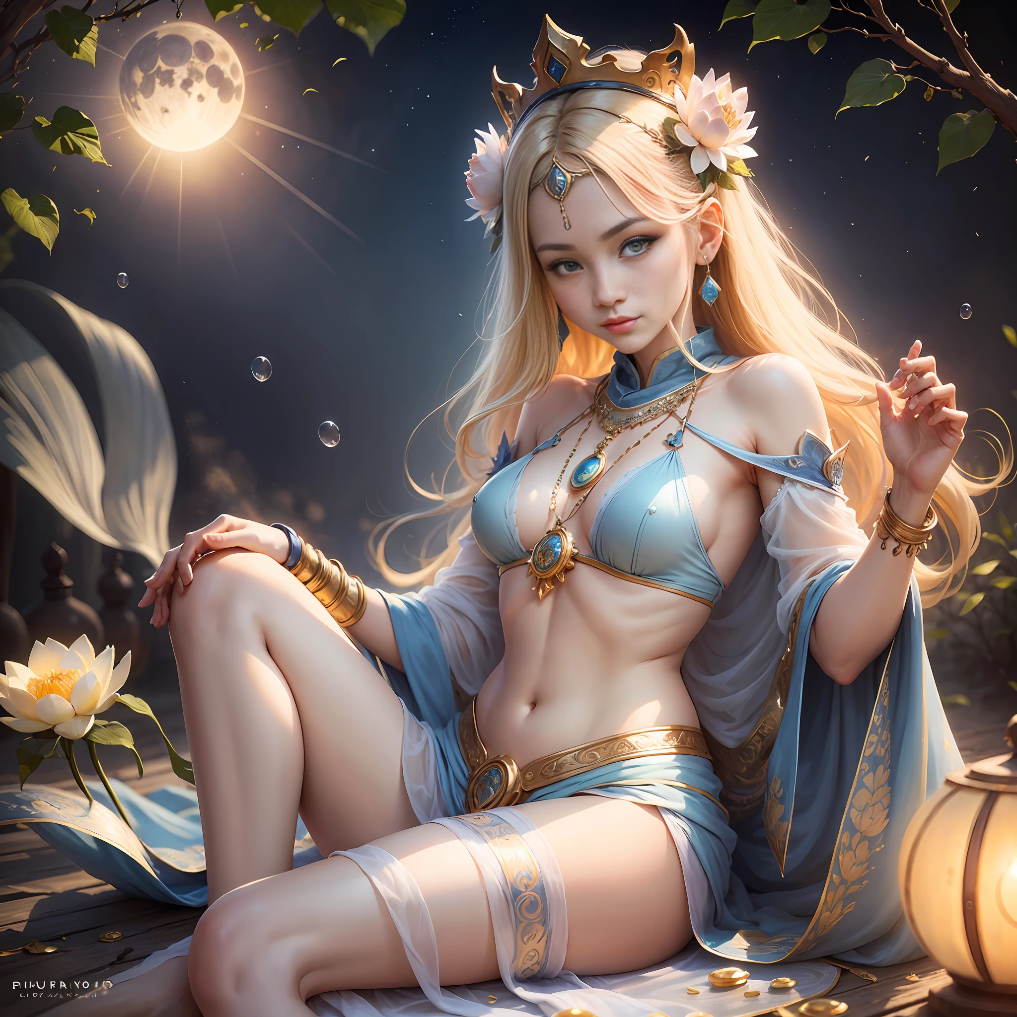 Beauty sitting on lotus, bunched hair blonde crown, necklace, slanted shoulder shawl, hand holding a lotus flower, blue sky, body light, round light, (best quality, masterpiece, super high resolution), (realistic: 1.3), (realistic: 1.3), (long legs: 1.3), (shut up), (light smile: 1.2), (medium breasts: 1.2), (dunhuang_cloths, dunhuang_style), (Water drops: 1.2), ((flying)) Under the Moon, Hindu gods, (daytime: 1.3), (bright lights: 1.3), (sun: 1.2), plump, (cowboy shot: 1.2), dynamic pose, lively and seductive, (legs crossed in meditation), (slender), (slender legs), facing the audience, full face blue light