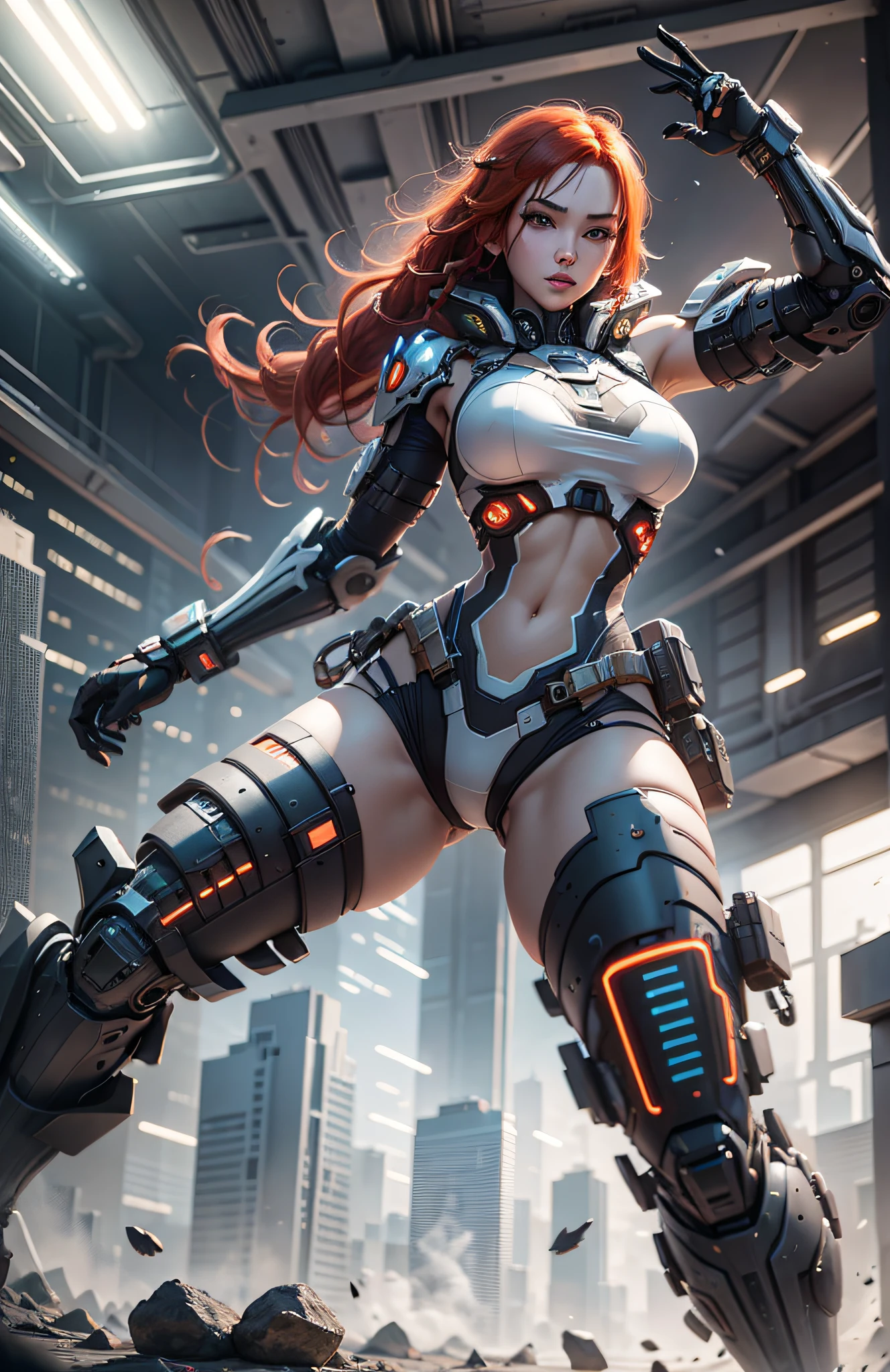 (Best Quality)), ((Masterpiece)), (Very Detailed: 1.3), 3D, Beautiful cyberpunk woman, batman cosplay, sci-fi technology, HDR (High Dynamic Range), ray tracing, nvidia RTX, super resolution, unreal 5, subsurface scattering, PBR texture, post-processing, anisotropic filtering, depth of field, maximum sharpness and sharpness, multi-layer texture, specular and albedo mapping, surface shading, accurate simulation of light-material interactions, perfect proportions, octane rendering, duotone lighting, low ISO, white balance, rule of thirds, wide aperture, 8K RAW, high efficiency subpixels, subpixel convolution, light particles, light scattering, Tyndall effect, very sexy bikini, full body, battle pose, red hair with braids,