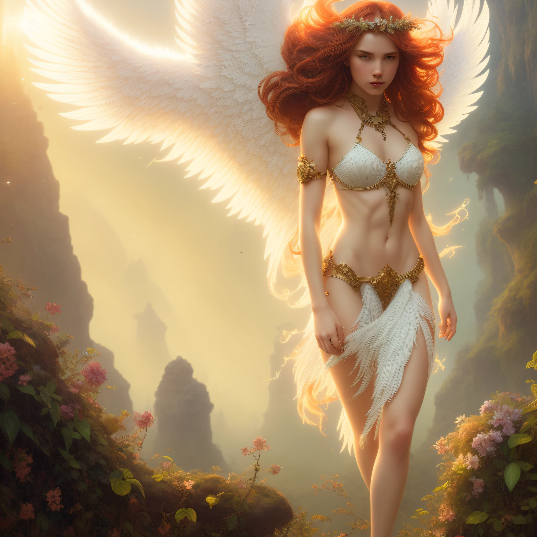 ((full body)), angel in the sky, red hair young woman, angelical body, white and big wings, beams of light background, jungle hair medieval, beautiful ,rpg, beautiful art, little fusion pojatti, realistic, steampunk, fractal isometrics details, bioluminescence: a stunning realistic photograph, awesome,4k, unreal engine, intricate, highly detailed, beautiful lighting, light fog, 8k, trending on Artstation, professional, dramatic, illustration, art by Artgerm and Greg Rutkowski and Alphonse Mucha, award-winning portrait, f/22, symmetrical.
