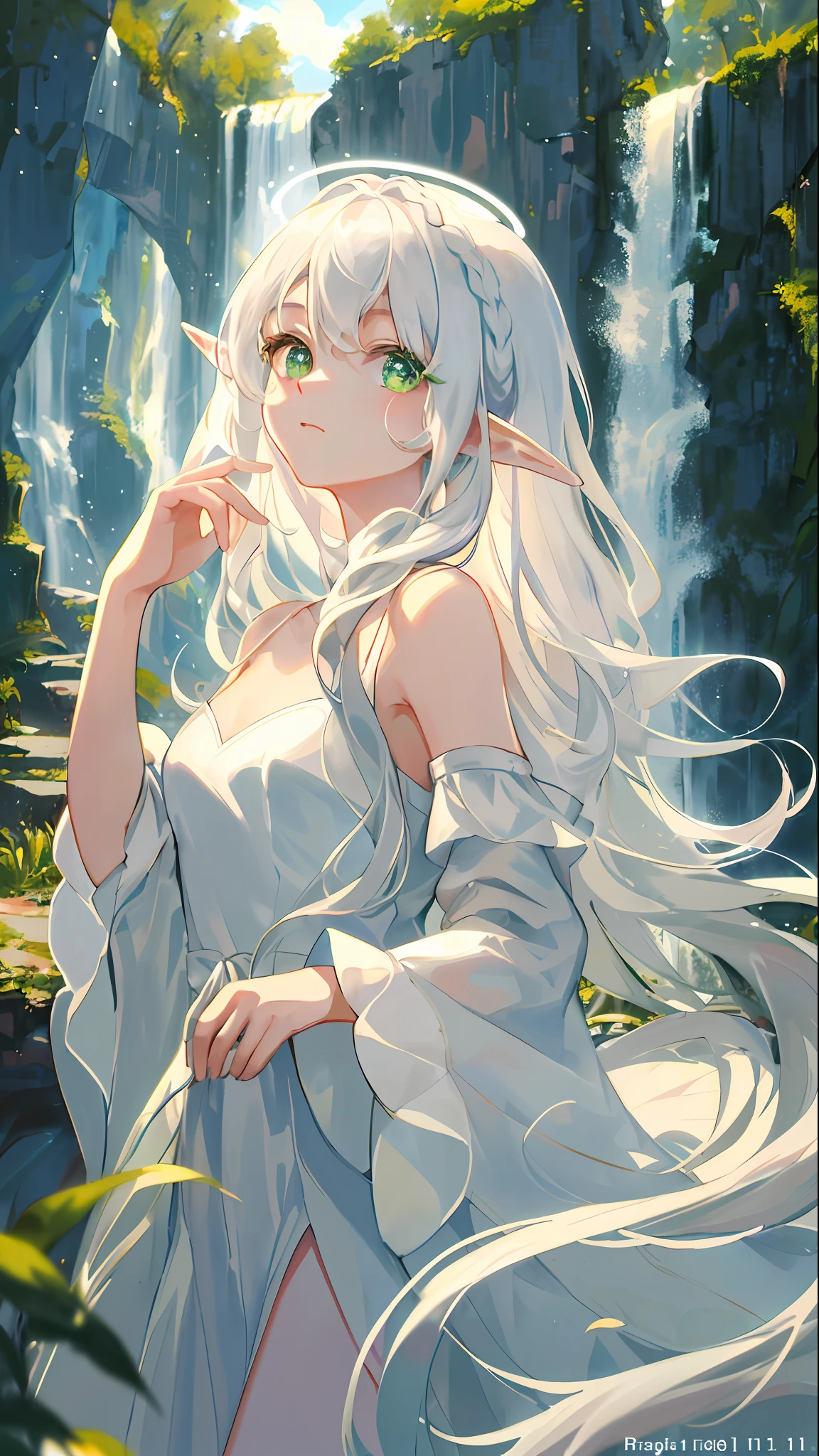 masterpiece, superb painting, illustration, 1 girl, cute, (dynamic light: 1.2), cinematic light, delicate facial features, (beautiful eyes: 1.2), (bright green eyes: 1.233), waterfall braid, extra long white hair, elf ears, depth of field, background bokeh, clear focus, (super detailed, halo, glow: 1.4), long white hair, beautiful girly face, fair, medium, (bare shoulders: 1.1), (nude: 1.1), dress, trimmed white, delicate gorgeous, (slit sleeves, wide sleeves)