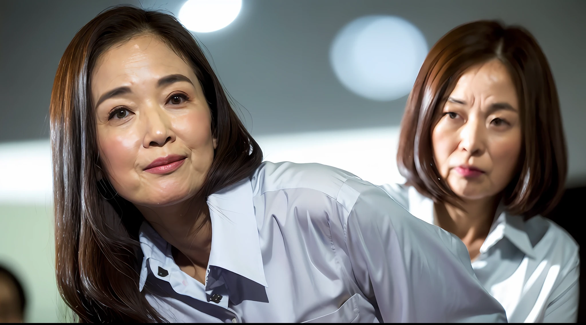 ((top quality, 8k, masterpiece: 1.3)), 1 girl, smile, full body, slim face, plump figure, pretty woman, (dark brown hair), formal shirt, ultra detailed face, detailed eyes, double eyelids, blurred background, city, outside, street, genderless, Japan woman living in New York, woman in her 60s, wearing a formal white shirt, gray hair, face spots.