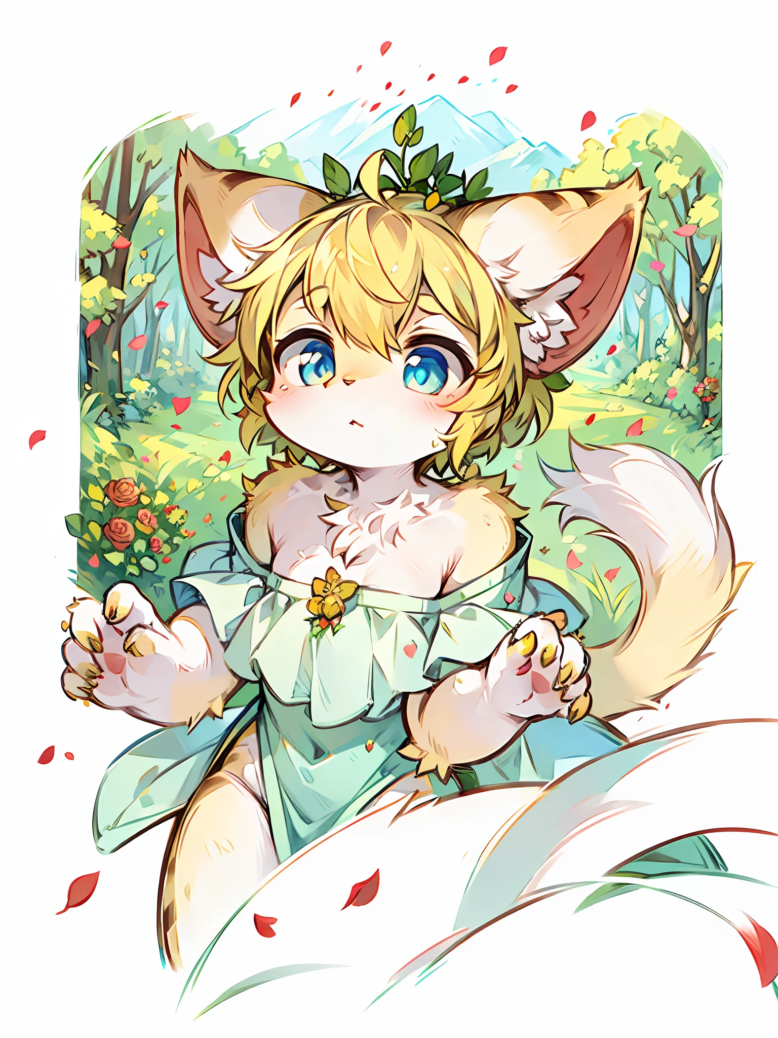 ((Masterpiece)), highest image quality ((furry)), ((pair of yellow cat ears)), ((cat tail)), blue pupils, short hair, leaves, delicate hair, delicate skin, cute, yellow hair, dull hair, delicate eyes, cute beast, rose petals floating in the air, a leaf on the head, Zhengtai, white clouds, forest, sunlight, hair fluttering, garden, masterpiece, wild rose bushes, clover, silly painting style