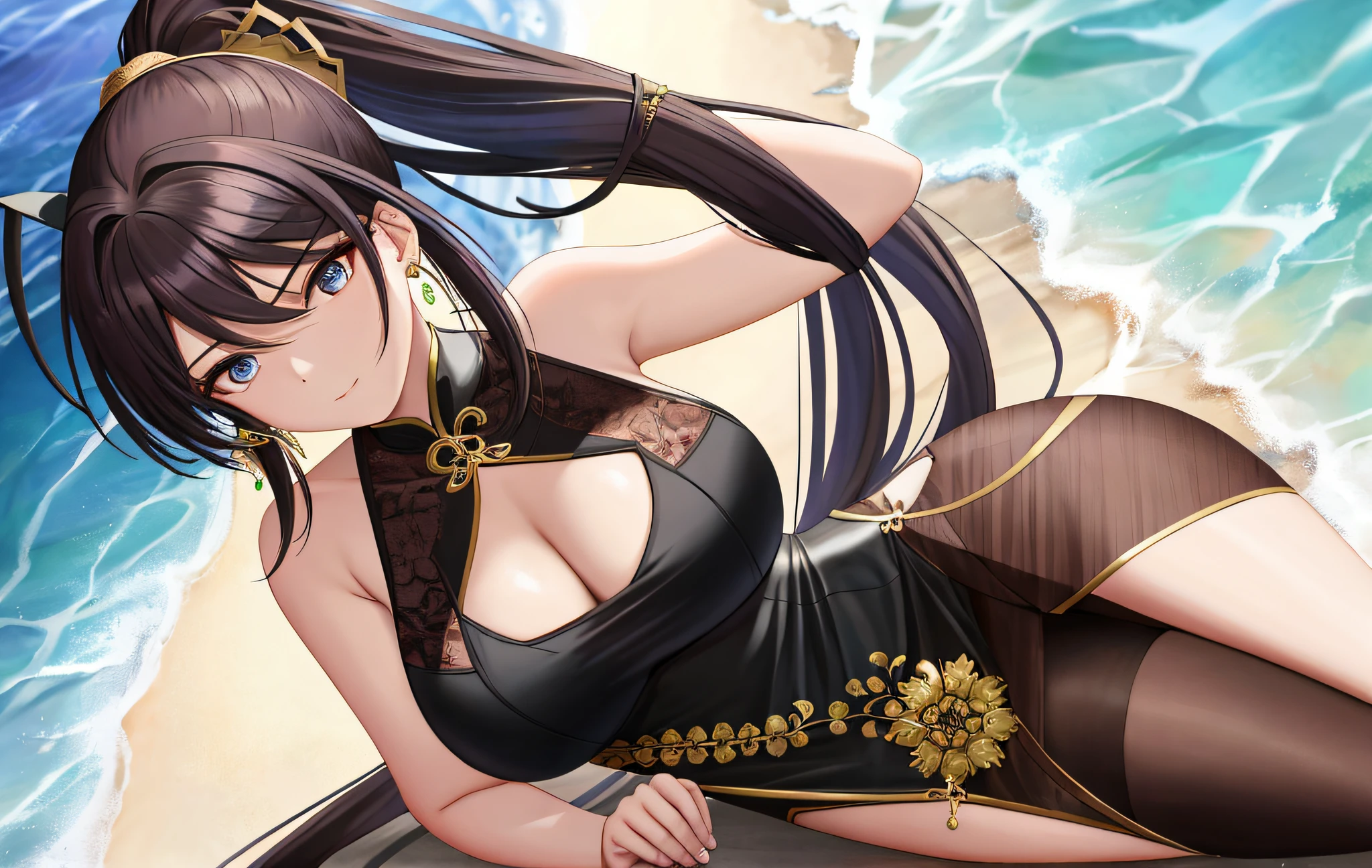 Masterpiece, Superb Pieces, Big Breasts, Single Ponytail, Bare Shoulders, Jade, Long Hair, Erotic Cheongsam, Ponytail, Hair Accessory, Sleeveless, Jewelry, Earrings