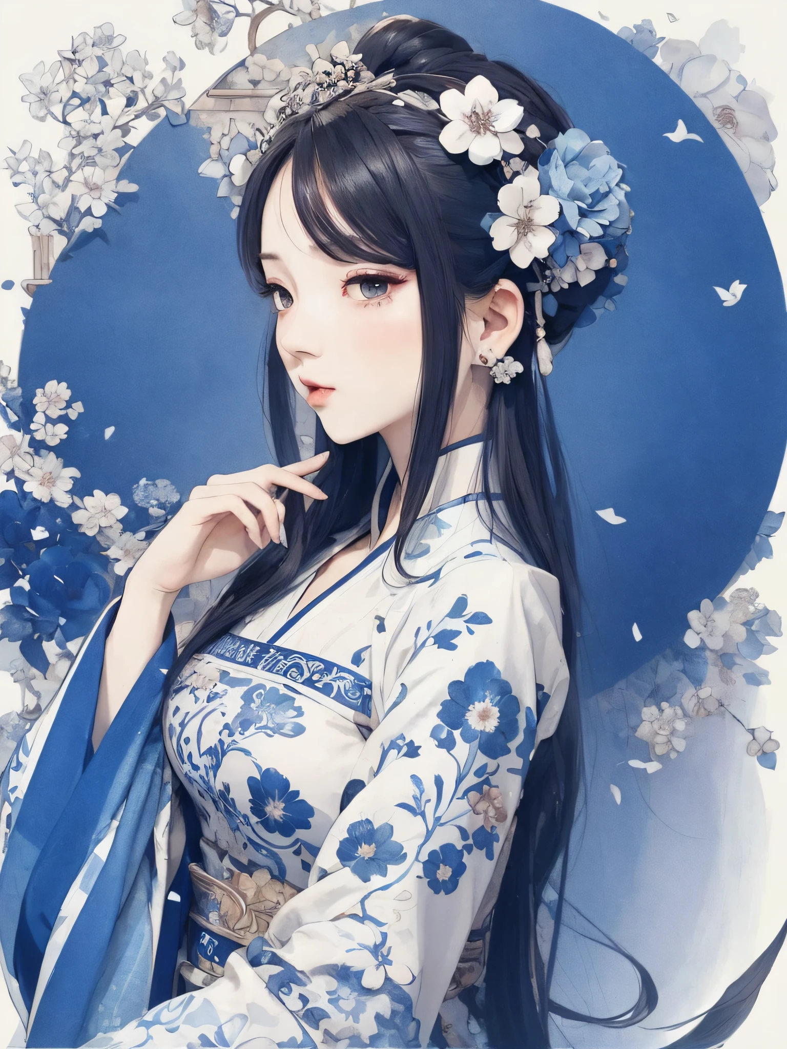 A painting, a woman in a blue and white dress with flowers in her hair, - generate a face, Hanfu girl, blue and white porcelain style, ancient Chinese art style, beautiful figure painting, Chinese painting style, with ancient Chinese aesthetics, Chinese style, beautiful artwork illustration, traditional Chinese art, oriental art style, Zhongyuan festival, beautiful anime portrait