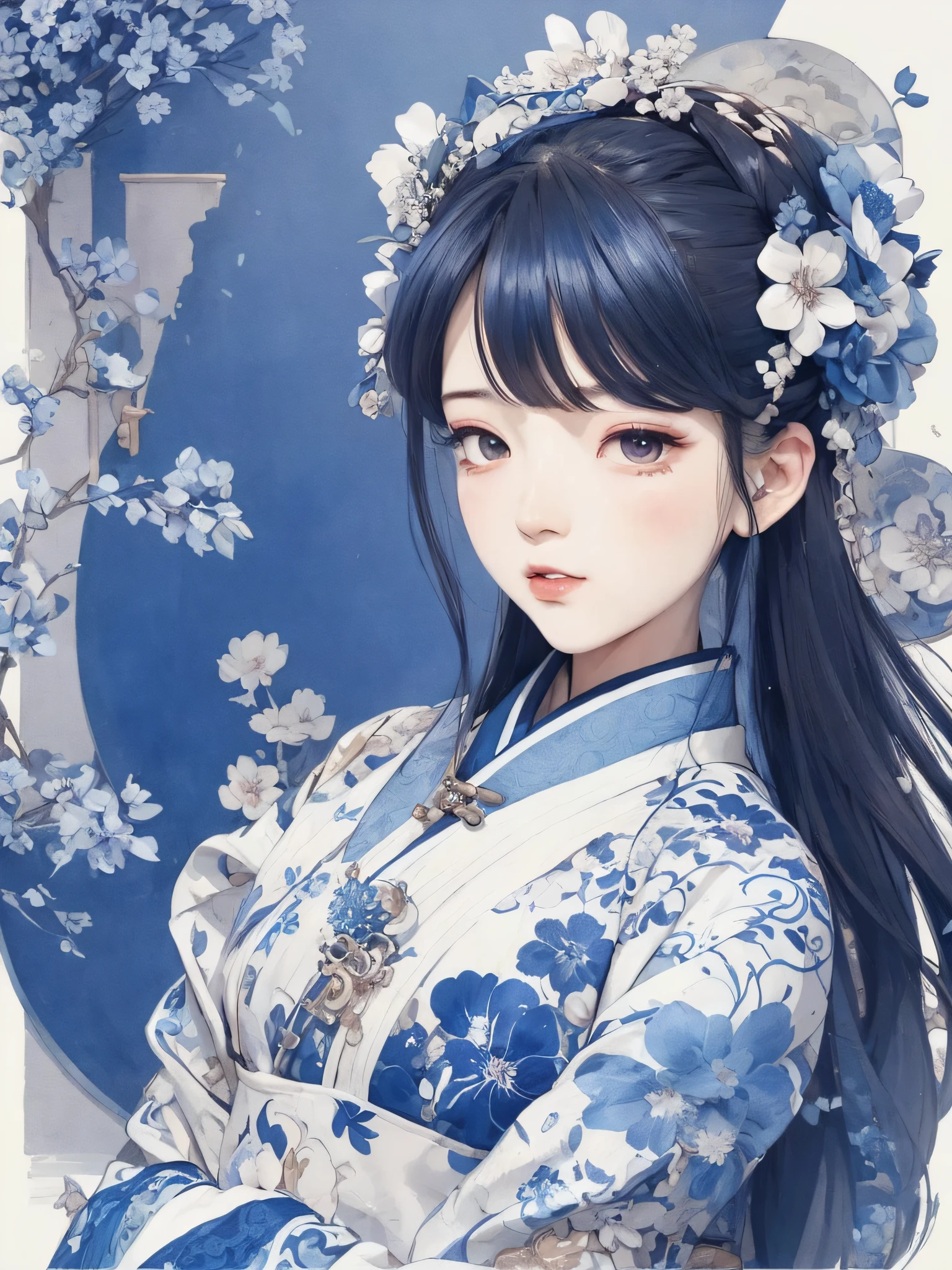 A painting, a woman in a blue and white dress with flowers in her hair, - generate a face, Hanfu girl, blue and white porcelain style, ancient Chinese art style, beautiful figure painting, Chinese painting style, with ancient Chinese aesthetics, Chinese style, beautiful artwork illustration, traditional Chinese art, oriental art style, Zhongyuan festival, beautiful anime portrait