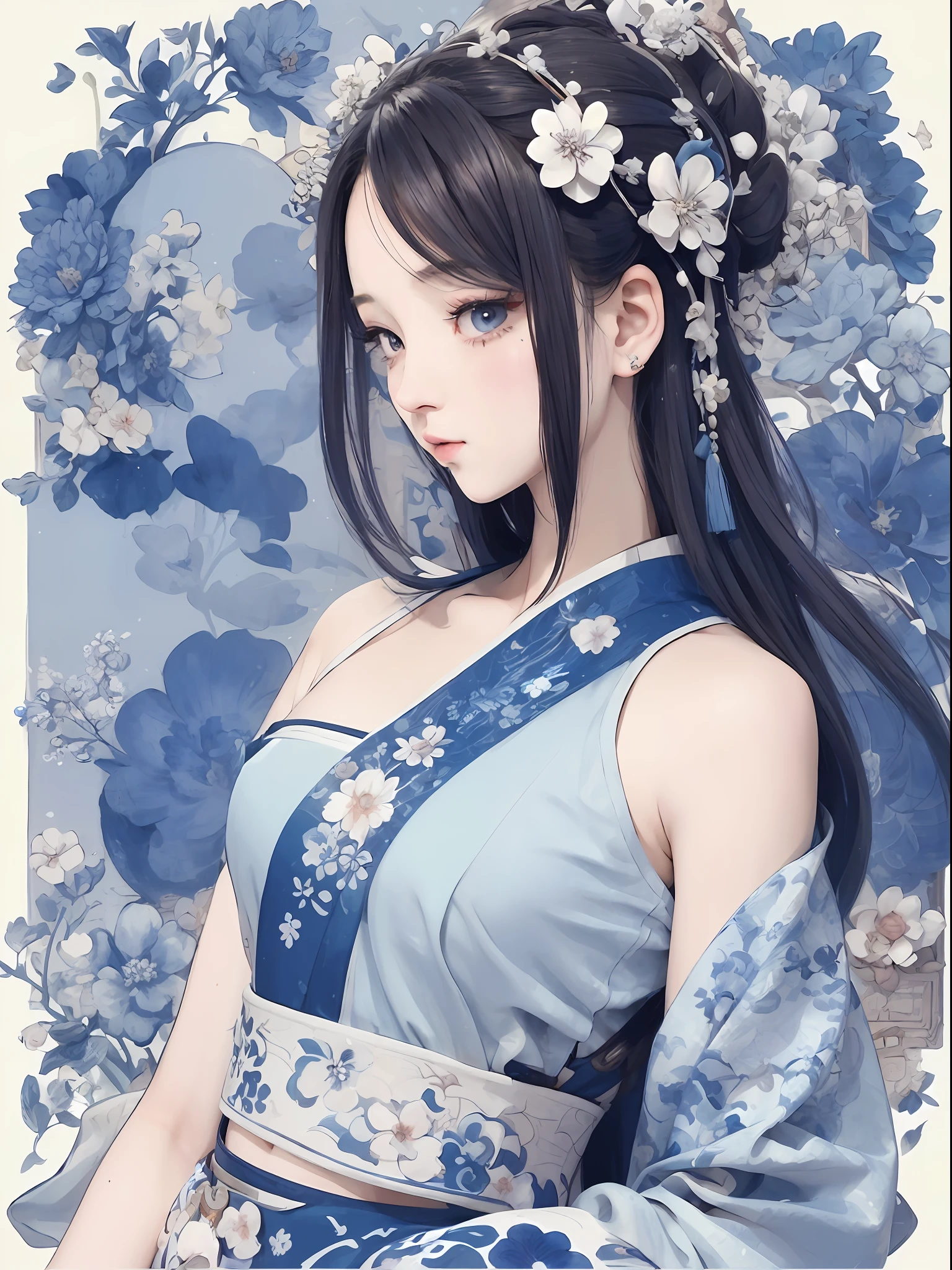 A painting, a woman in a blue and white dress with flowers in her hair, - generate a face, Hanfu girl, blue and white porcelain style, ancient Chinese art style, beautiful figure painting, Chinese painting style, with ancient Chinese aesthetics, Chinese style, beautiful artwork illustration, traditional Chinese art, oriental art style, Zhongyuan festival, beautiful anime portrait