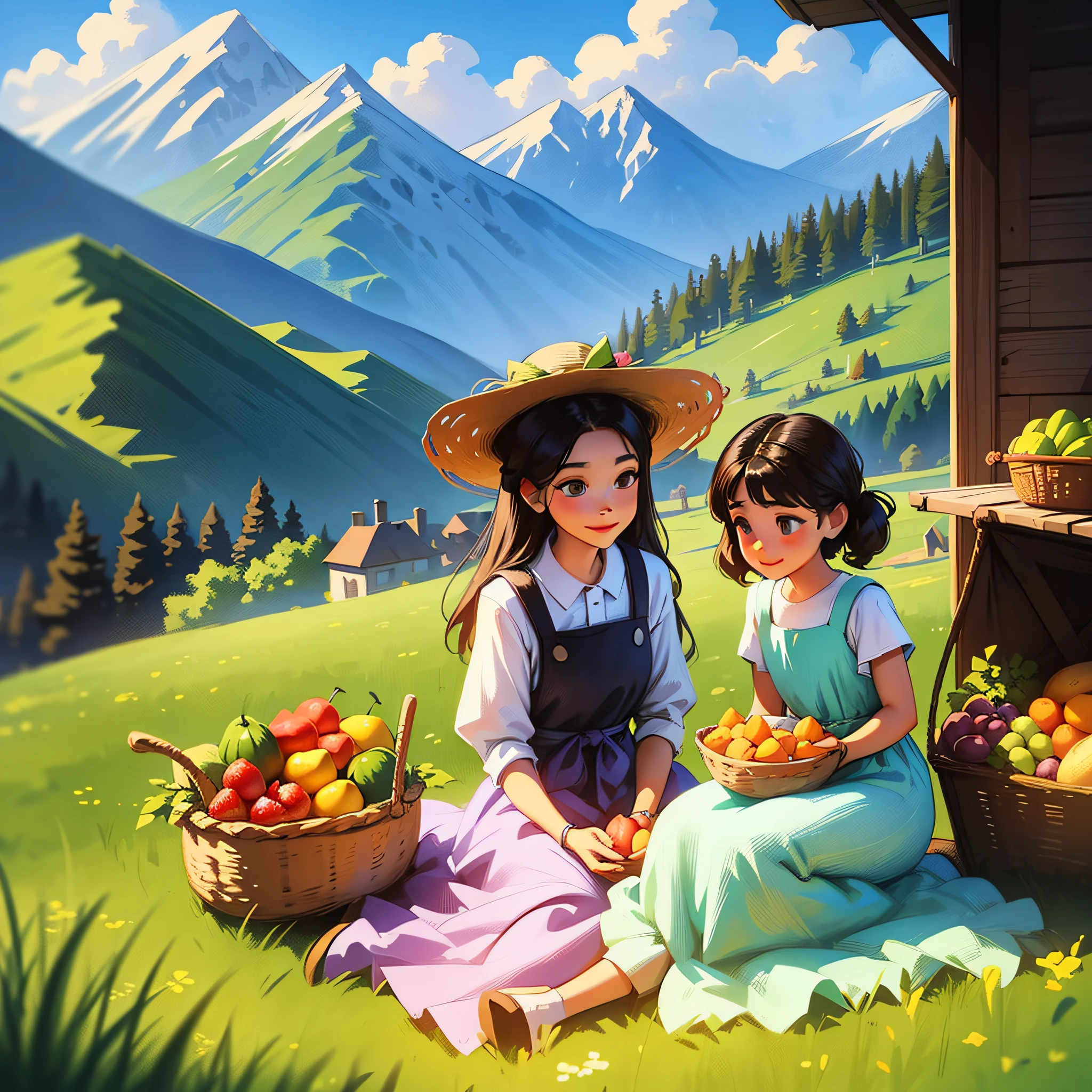 girl with dress making a picnic with her father and her mother and her brother 5 people basket with beautiful fruits and in the background a beautiful landscape of mountains bright colors beautiful drawing --auto --s2