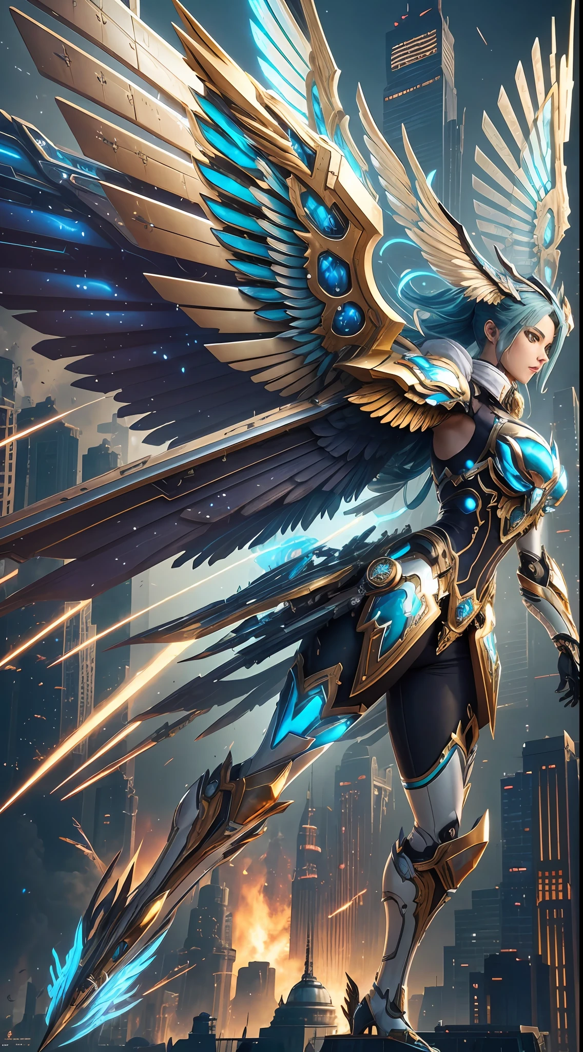 Steampunk style, cool colors, cinematic effects, huge sci-fi mecha, white-gold mecha with strong metallic luster, metallic wings on the back, wings are feathers and layered, holding Fang Tianji, Fang Tianji particle light, Fang Tianji particle special effects, aesthetic, scattered, battle posture, battle posture display, super details, perfect details, 8K, top painting, feature article, studio environment, concept art, epic composition, with HD details, metallic texture and tension composition, hyper-realistic, ultra-realistic, rich in detail.3D. C4D,