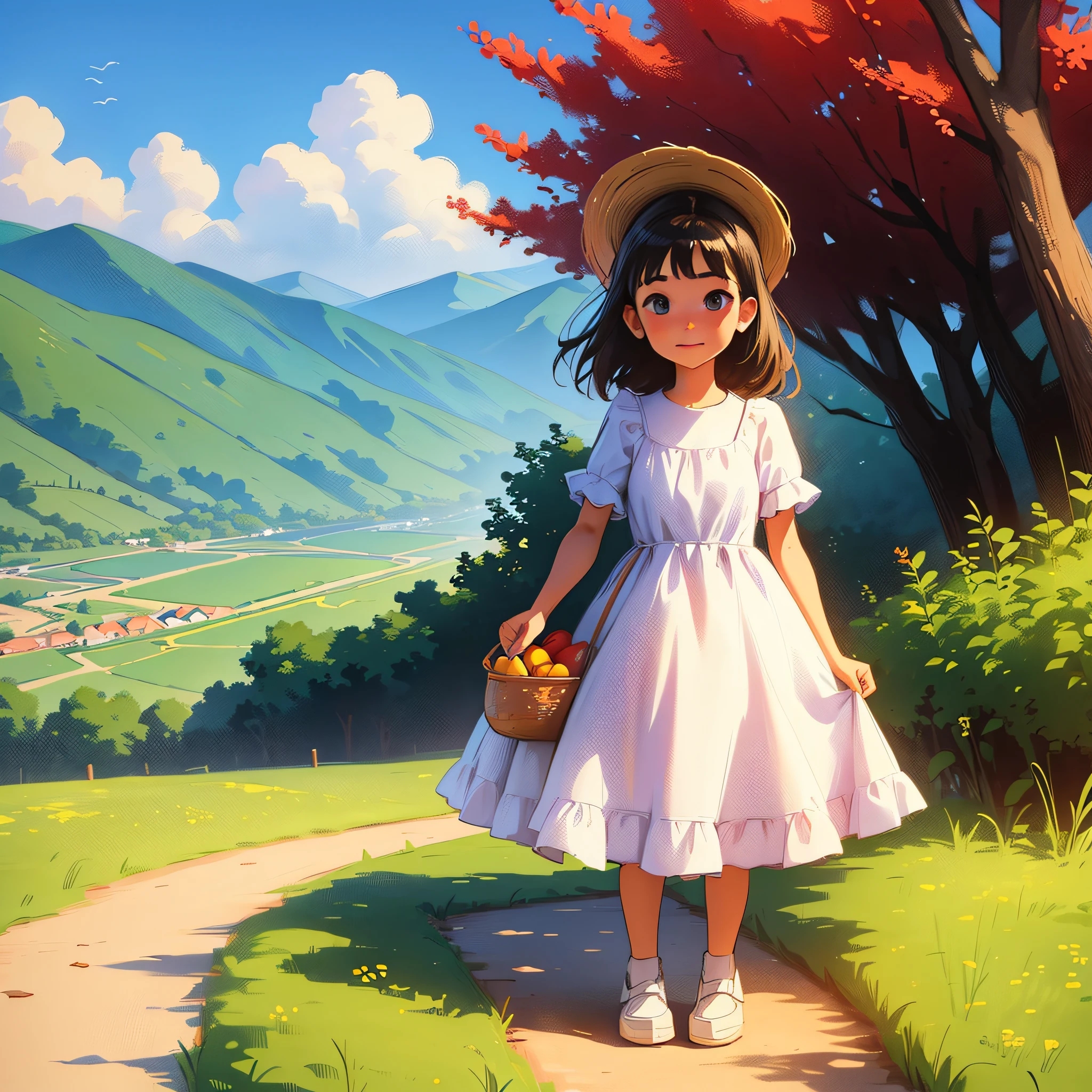 *********** with dress making a picnic with her father and her mother and her brother 5 people basket with beautiful fruits and in the background a beautiful landscape of mountains bright colors beautiful drawing --auto --s2