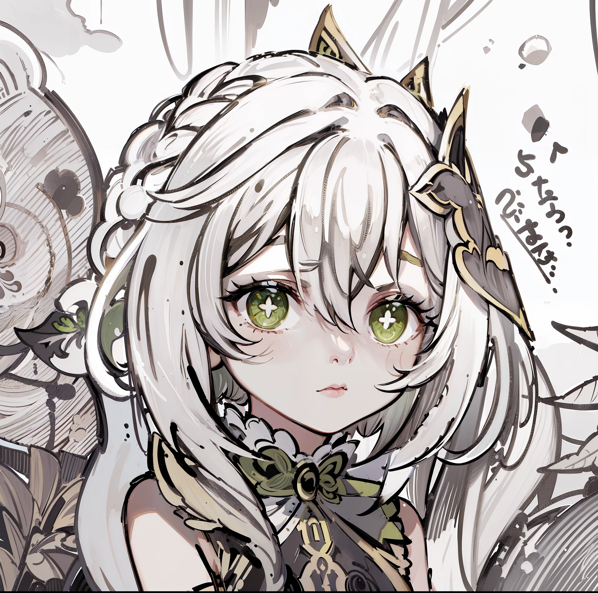 ((((Nahida))))(((1girl))), ((toned)), female focus, masterpiece, high quality, (masterpiece:1.2), (best quality:1.2), shiny, realistic, ornate, intricate, shirtless, (white hair)), (short hair), green eyes, bangs, hair between eyes, hair_stick, hot_girl, elegant_clothes, solo, hair_bun, hair_ornament, hair_pin, holding_fan, paper_fan, elegant, looking_at_viewer, holding_fan, red_eyeliner, FH , looking at the horizon, pupils constricted, (shadows cast over the face:1.3), (upper body)