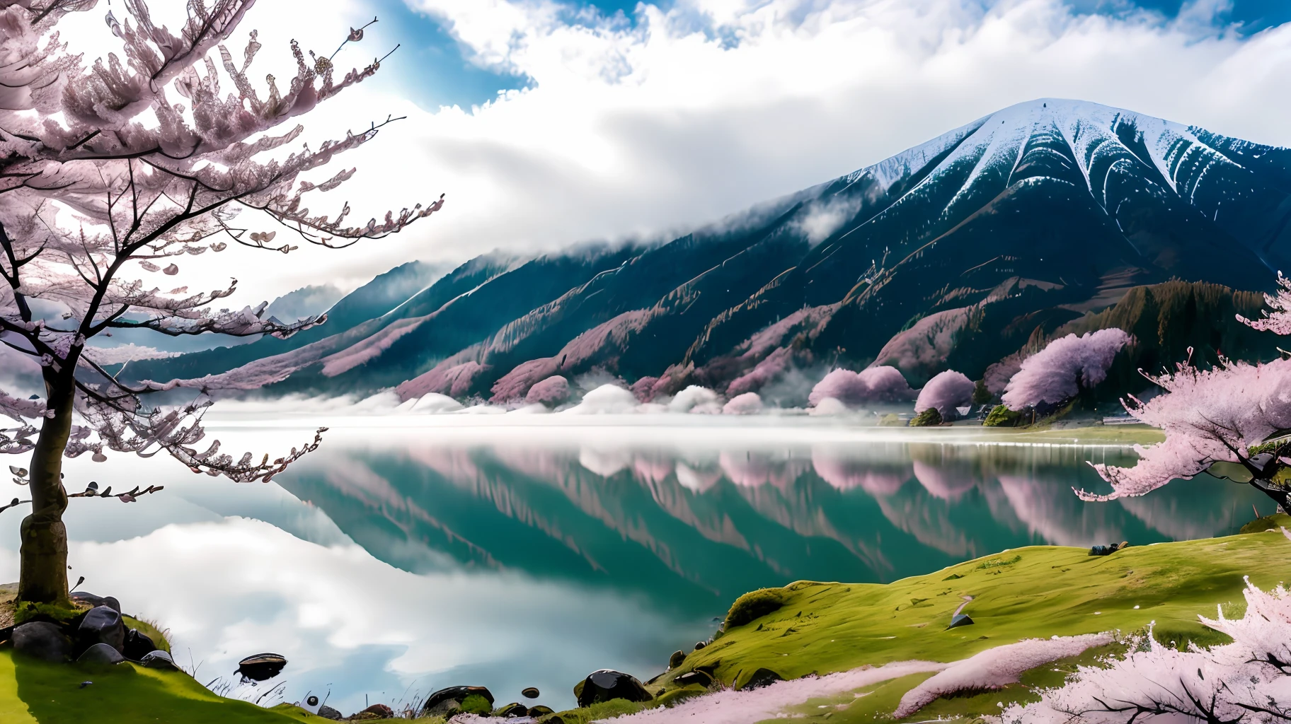 official art, RAW photos of landscapes, small details, (realistic:1.4), ultra-realistic photos, 8k UHD, DSLR, high quality, film grain, Fujifilm XT3, (masterpiece), a mountain of Fuji, (solo exhibition: 1.4), snow-capped peaks, lush green hillsides, clouds rolling over the hillsides, (lots of cherry blossoms:1.3), deep forest, several lakes, (fog drifting across the lake:1.2), wide angle,