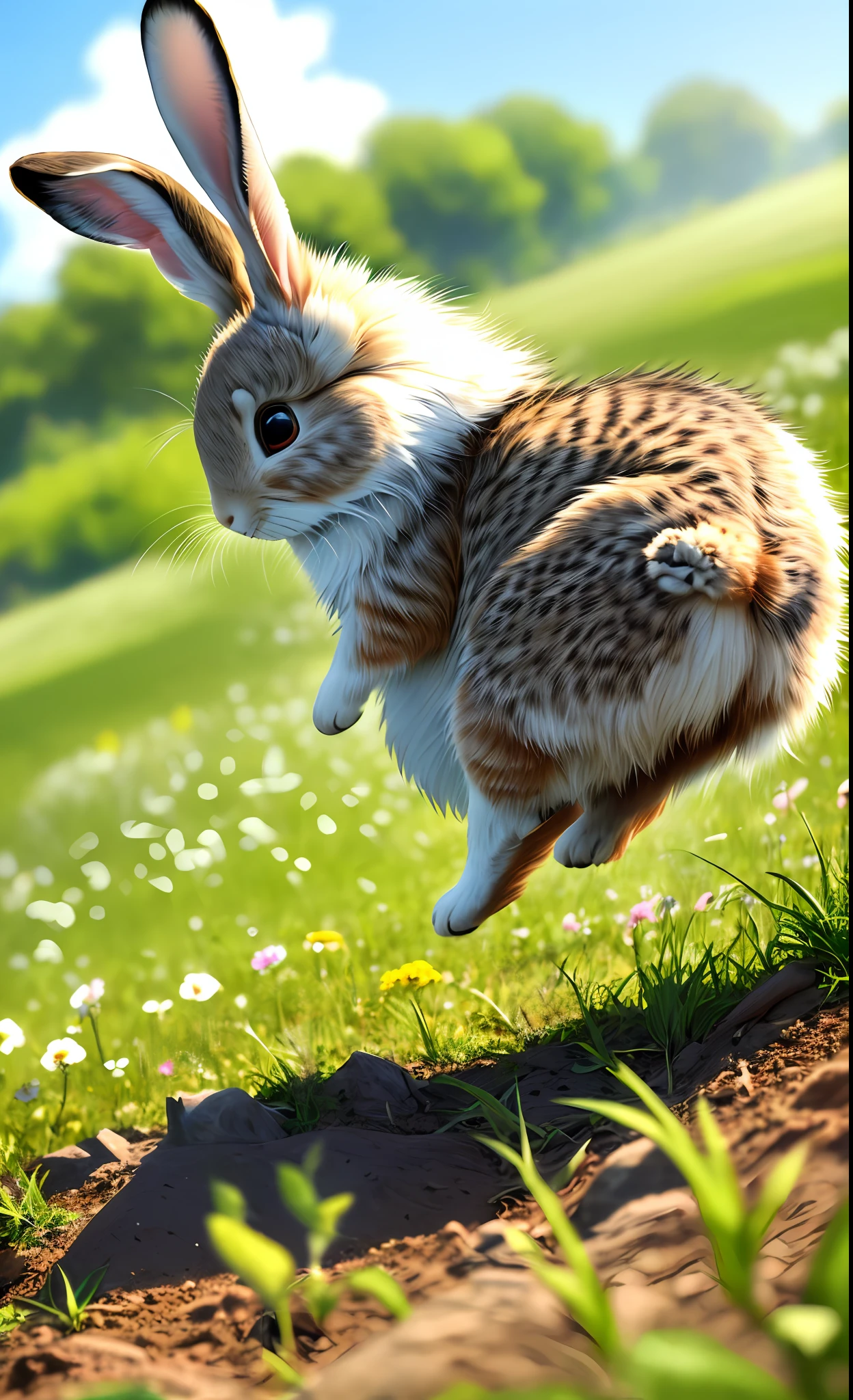 ((masterpiece, best quality)), soil, animal ears, fluffy rabbit, rabbit ears, jumping, grass, outdoor, full body, animal, sunlight, dappled, daytime, depth of field --v6