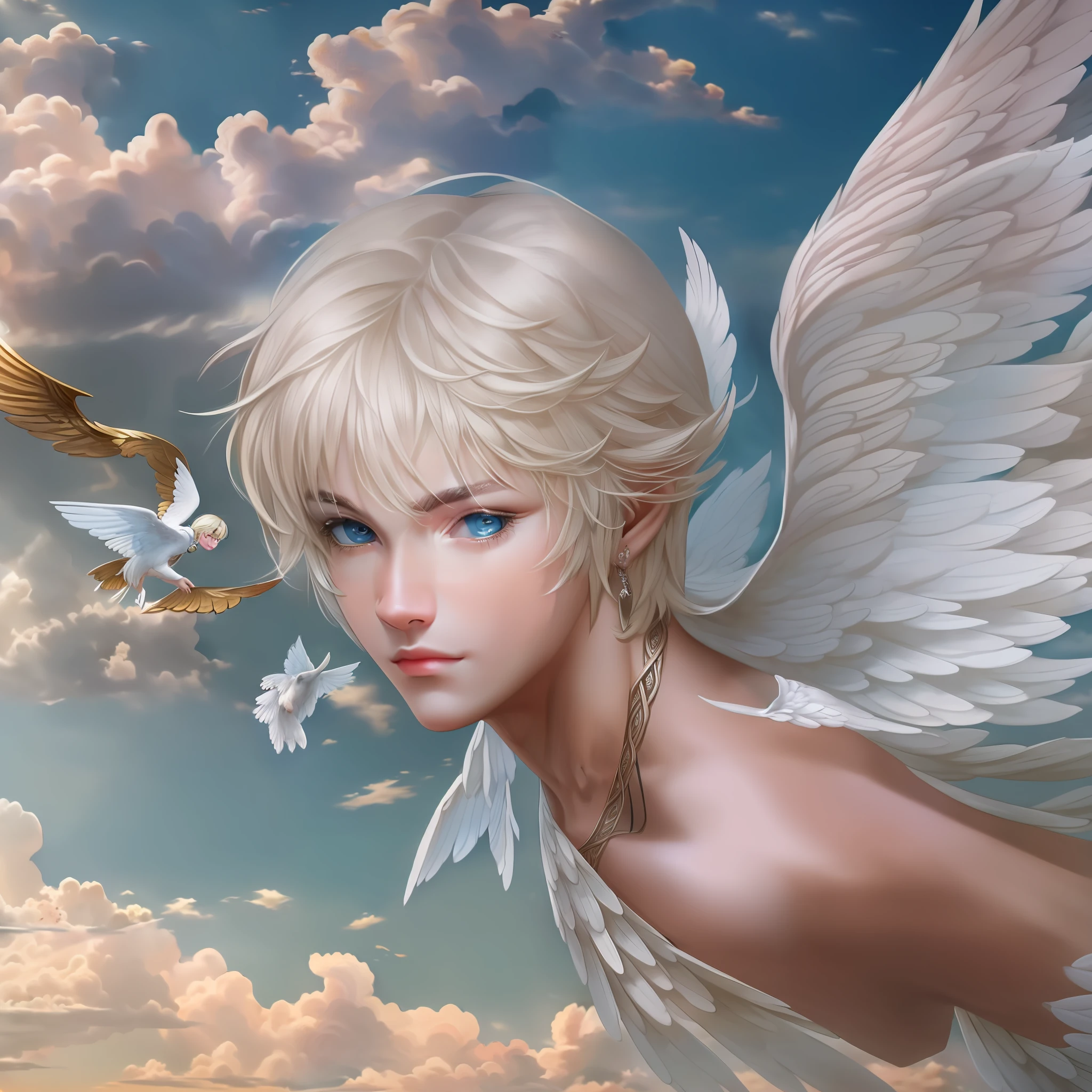 (Masterpiece) 8K resolution, beautiful boy flying with big wings, blonde short bob hair, ash blue eyes, kind face, fantasy style,