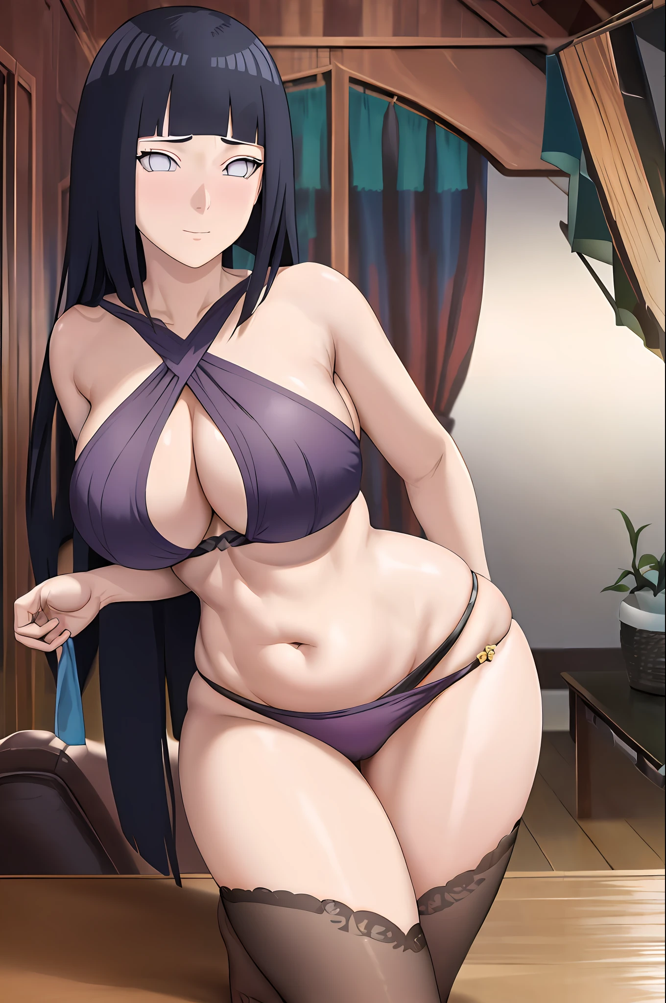 masterpiece, absurdity , (intricate details), (colorful), cinematic lighting, full body image, extremely detailed CG Unity 8k wallpaper , Hinata \ (Boruto Den\), 1 girl, mature woman, loungewear, thong, long legs, busty, plump ass, wrapped breast, feminine, complex background, bright background, beautiful boobs, cleavage, embarrassed expression, rigorous human body, long hair, coma, wink