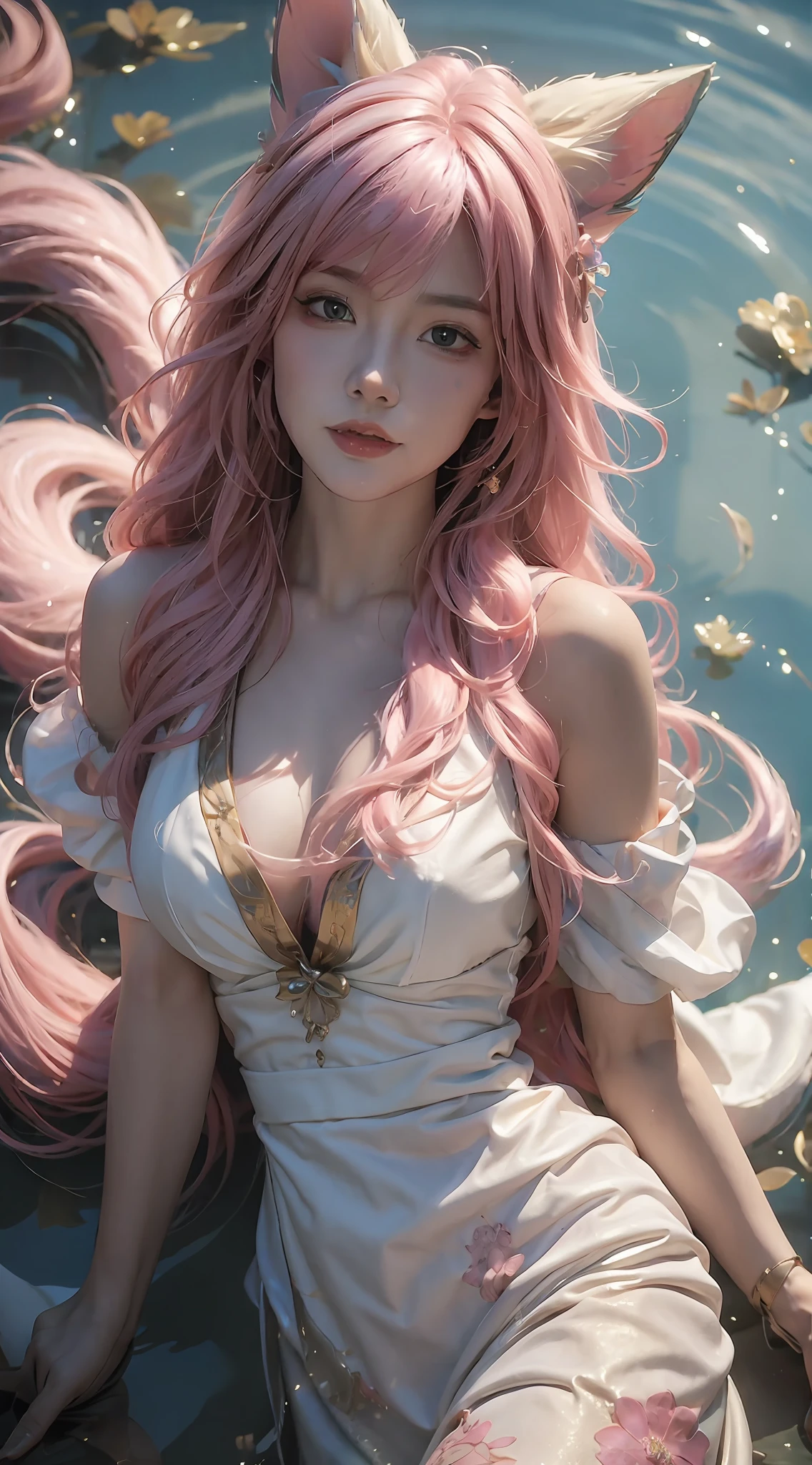 there is a woman with pink hair and a cat ears sitting in a pond, artwork in the style of guweiz, ross tran 8 k, anime goddess, long flowing pink hair, ! dream artgerm, deviantart artstation cgscosiety, guweiz, flowing pink hair, anime girl cosplay, beautiful alluring anime woman
