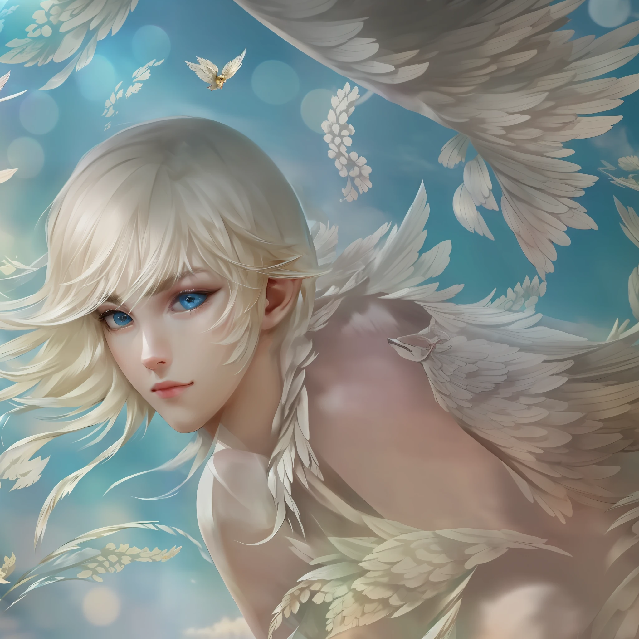 (Masterpiece) 8K resolution, beautiful boy flying with big wings, blonde short bob hair, ash blue eyes, kind face, fantasy style,