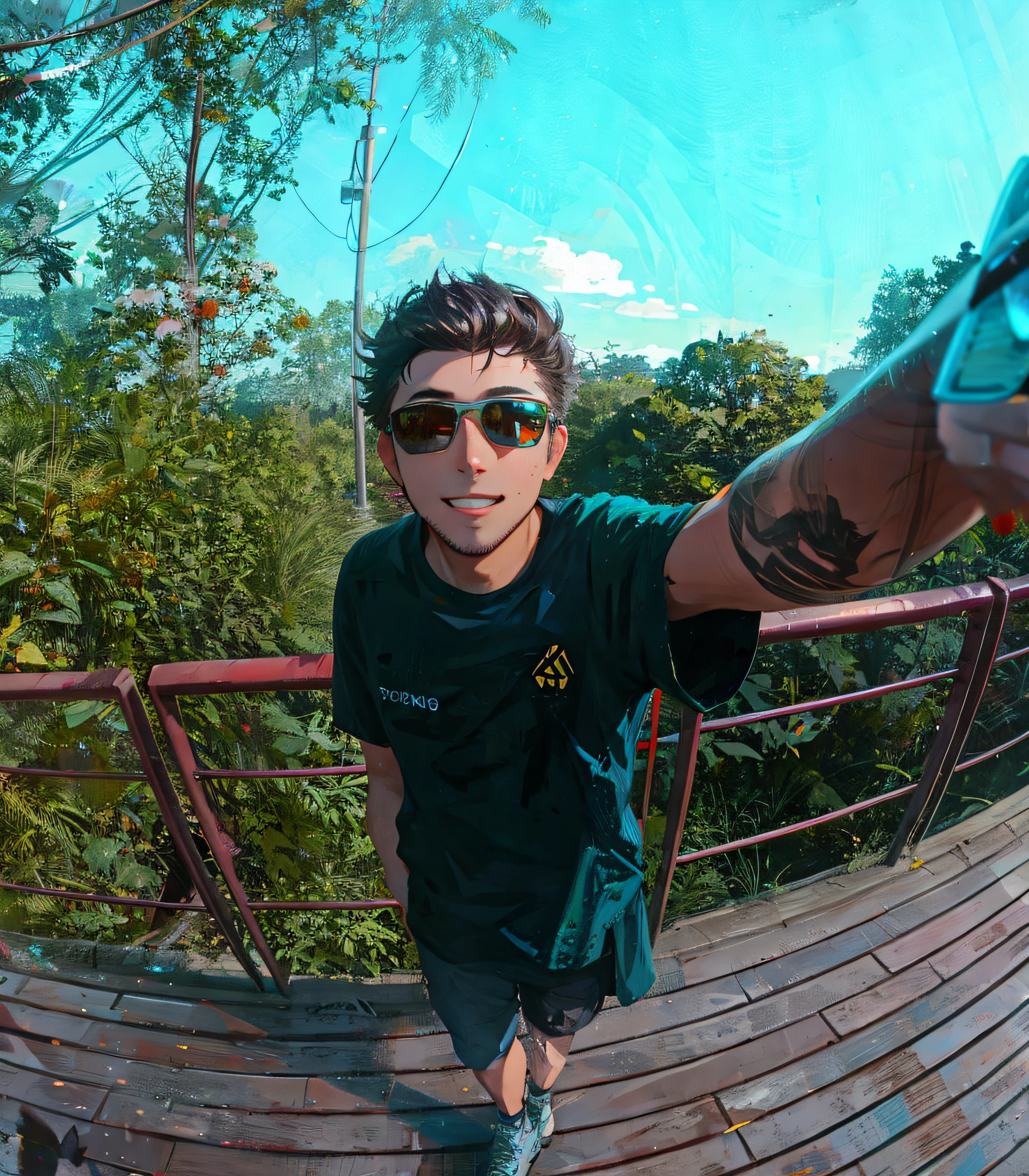 Man with sunglasses while taking a selfie, taken in Go Pro Hero8, filmed in GoPro9, extreme fisheye, transform the whole photo into 2D animation