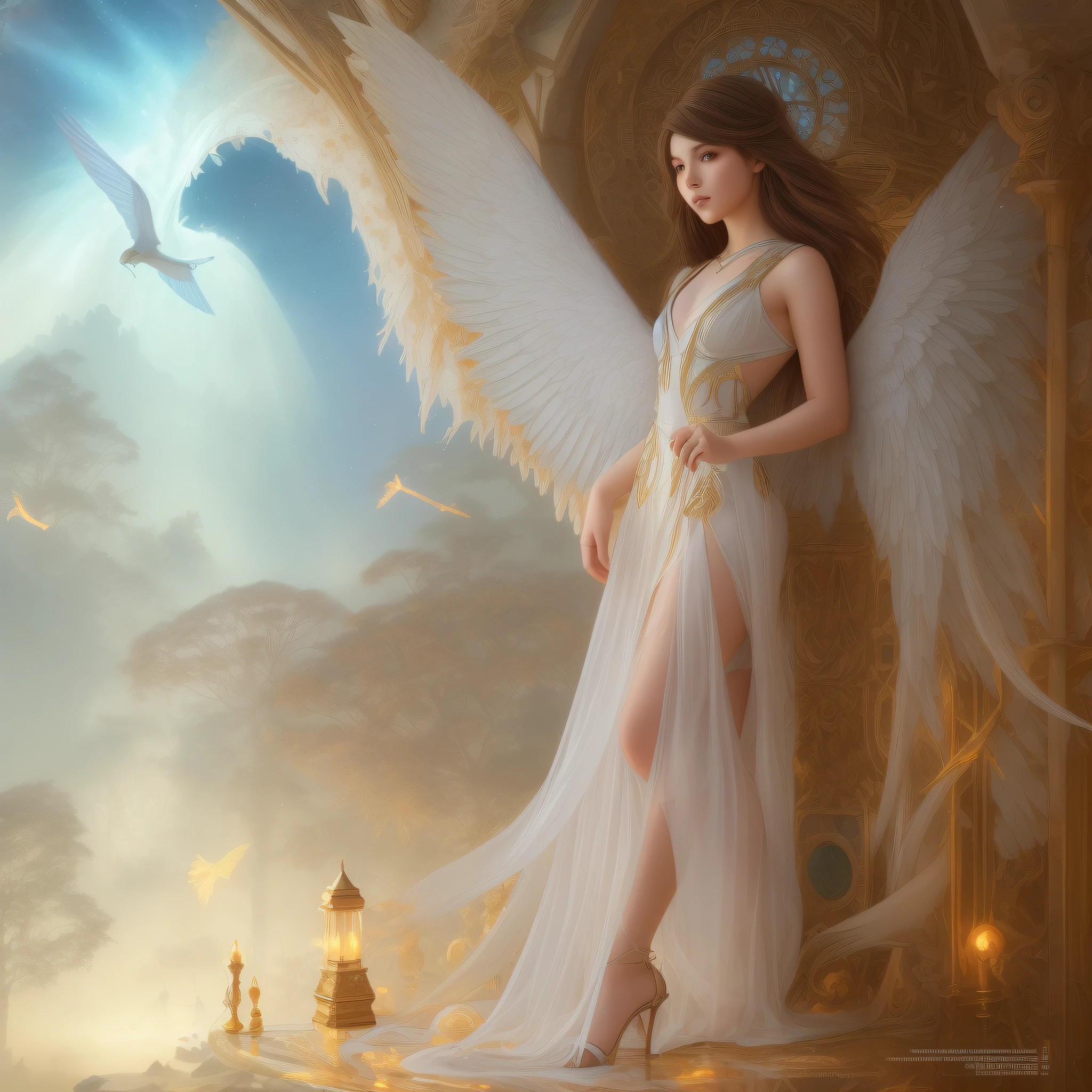 ((full body)), angel in the sky, young woman brown hair, angelic body, white and large wings, light background beams, medieval jungle hair, beautiful, rpg, beautiful art, small pojatti fusion, realistic, steampunk, fractal isometric details, bioluminescence: a stunning realistic photograph, impressive, 4k, unreal engine, intricate, highly detailed, beautiful lighting, clear fog, 8k, trend in Artstation, professional, dramatic, illustration, art by Artgerm and Greg Rutkowski and Alphonse Mucha, award-winning portrait, f/22, symmetrical.