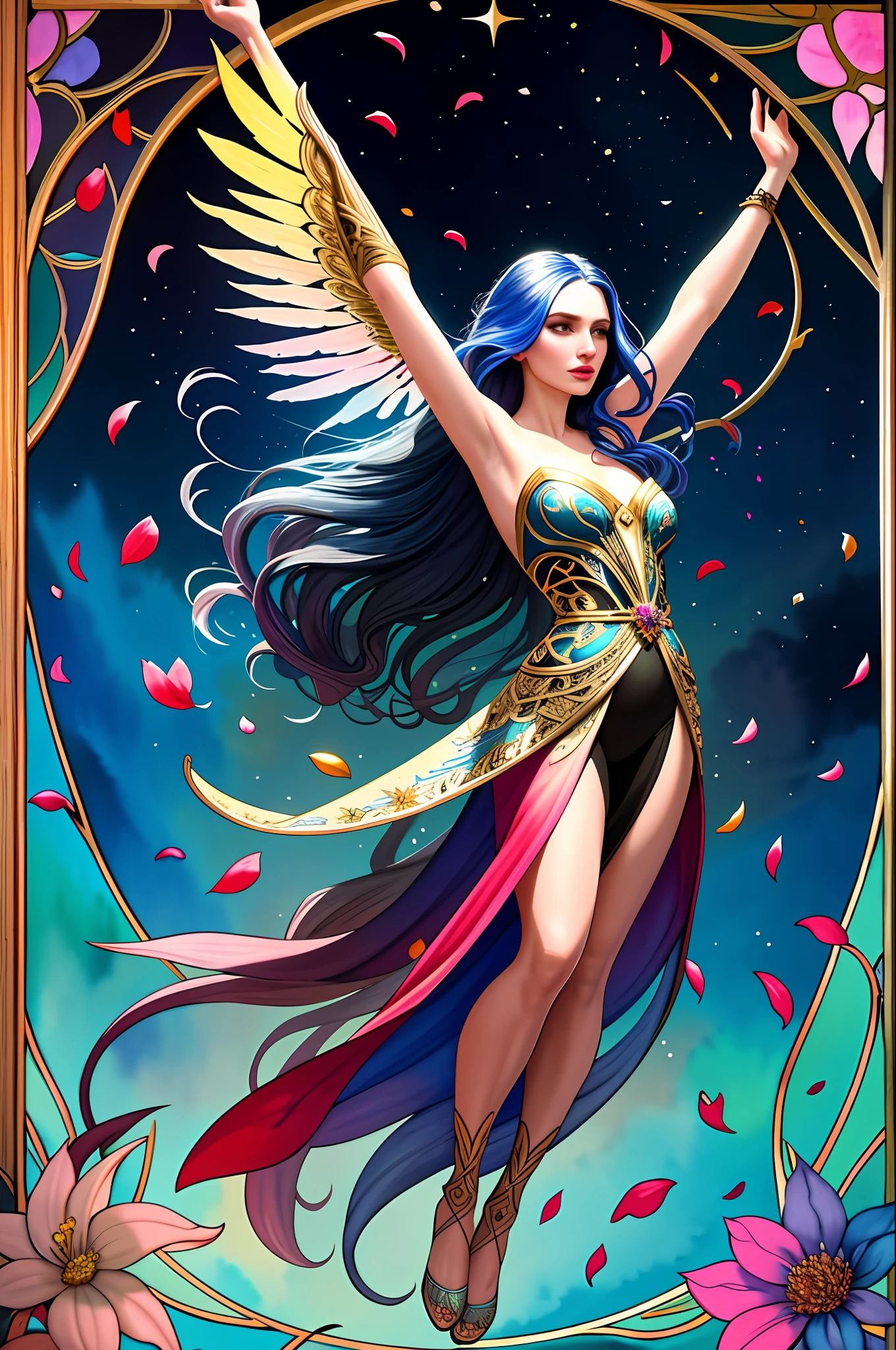 tide play,luxray, split color hair, wind, flying petals, stainedglassai, ornamental, intricate details, dufkova, 2d, lineart, watercolor, ink watercolor, random color hair, super long hair, wavy, 1girl,alraune,flower, alraune, detailed, intricate, perfect lighting, perfect shading, (flat color:1), (2D:1), (masterpiece, award winning, best quality:1.25), (mature adult:1.3)