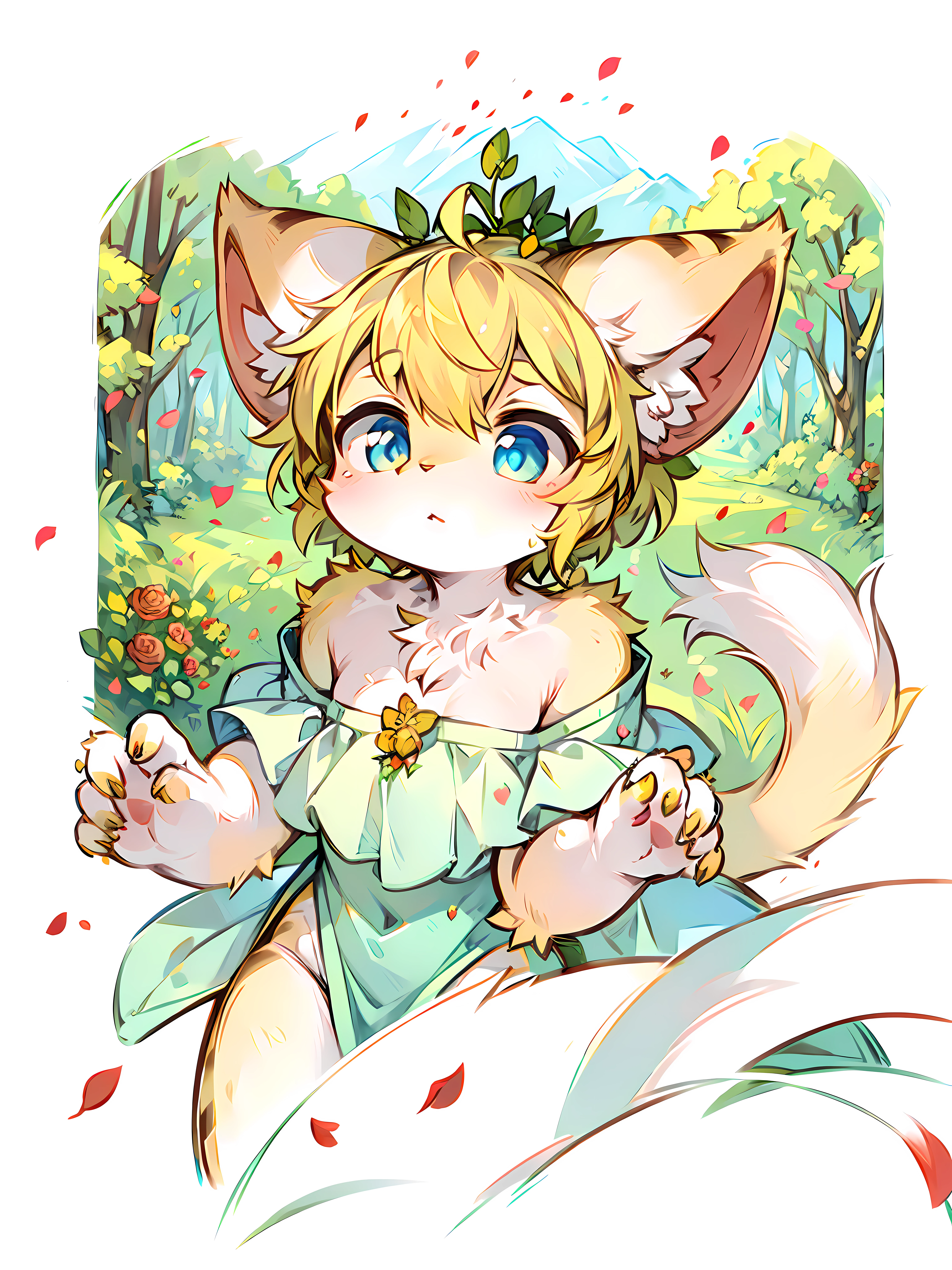 ((Masterpiece)), highest image quality ((furry)), ((pair of yellow cat ears)), ((cat tail)), blue pupils, short hair, leaves, delicate hair, delicate skin, cute, yellow hair, dull hair, delicate eyes, cute beast, rose petals floating in the air, a leaf on the head, Zhengtai, white clouds, forest, sunlight, hair fluttering, garden, masterpiece, wild rose bushes, clover, silly painting style