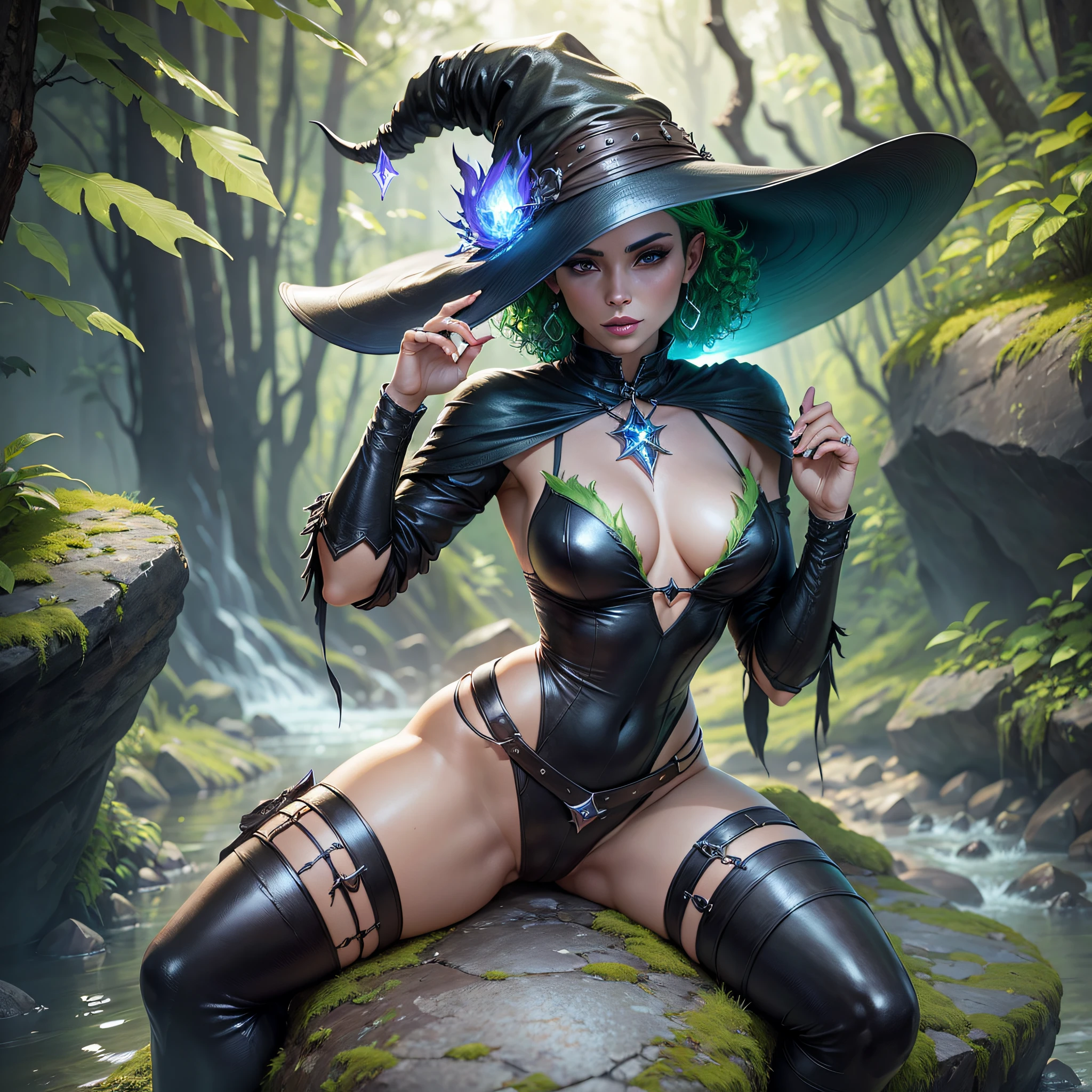 a woman in a black leather outfit and hat sitting on a rock, lingerie, gorgeous ranger, (octane render) fantasy style, a beautiful sorceress, short curly hair, bright green eyes, sorceress woman, witch supervillain sorceress, sorceress, portrait of a sorceress, render realistic fantasy, wlop shiny skin, cinematic goddess body shot --auto --s2