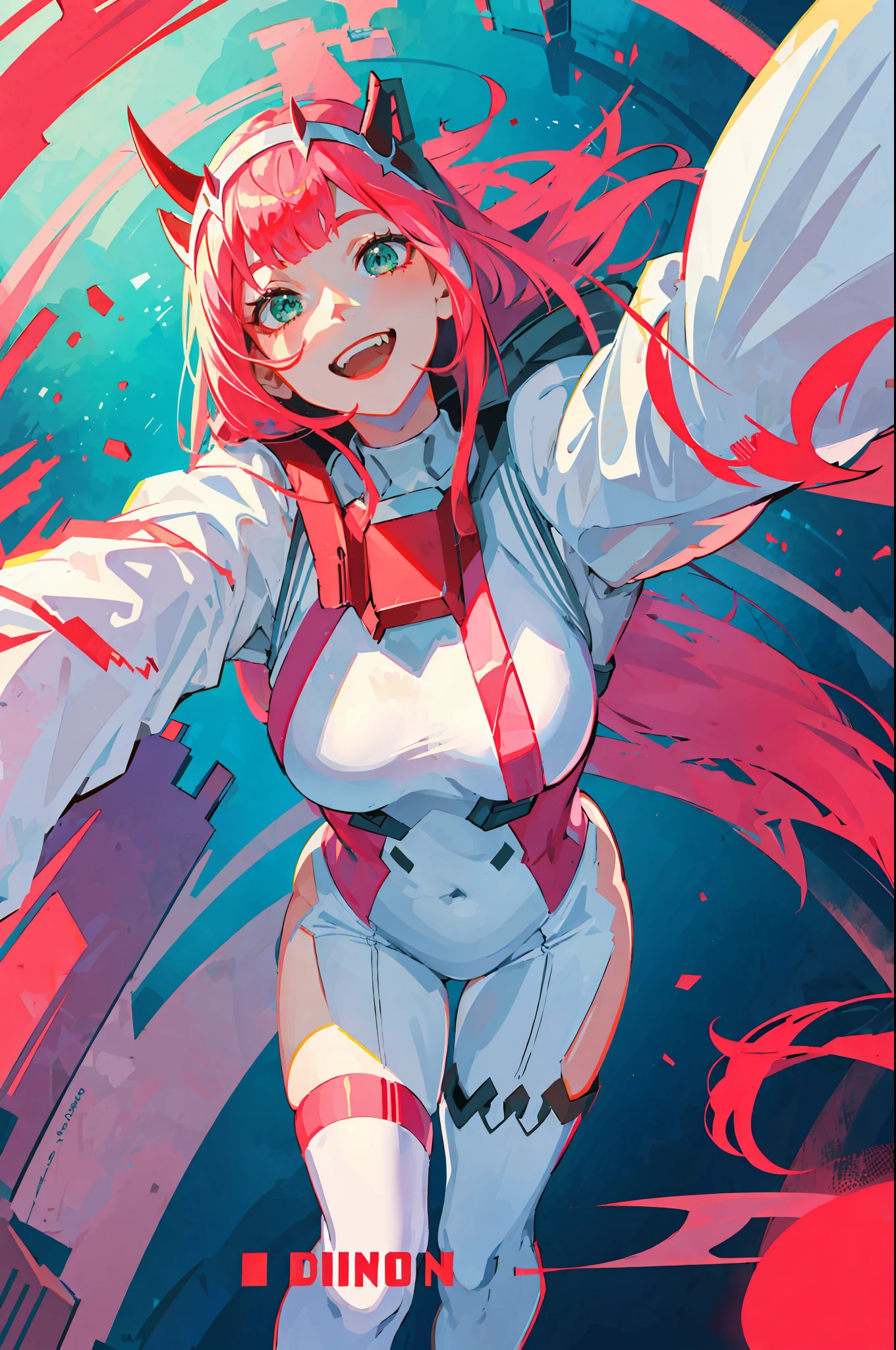 zero two \(darling on franxx\), darling on franxx, 1girl, fringe, selfie, smiling, fangs, bite, shadow, green eyes, hair behind head, horns, long hair, big thighs, makeup, small breasts, pilot suit, white bodysuit, pink hair, red eyeshadow, science fiction, tight skin, solo