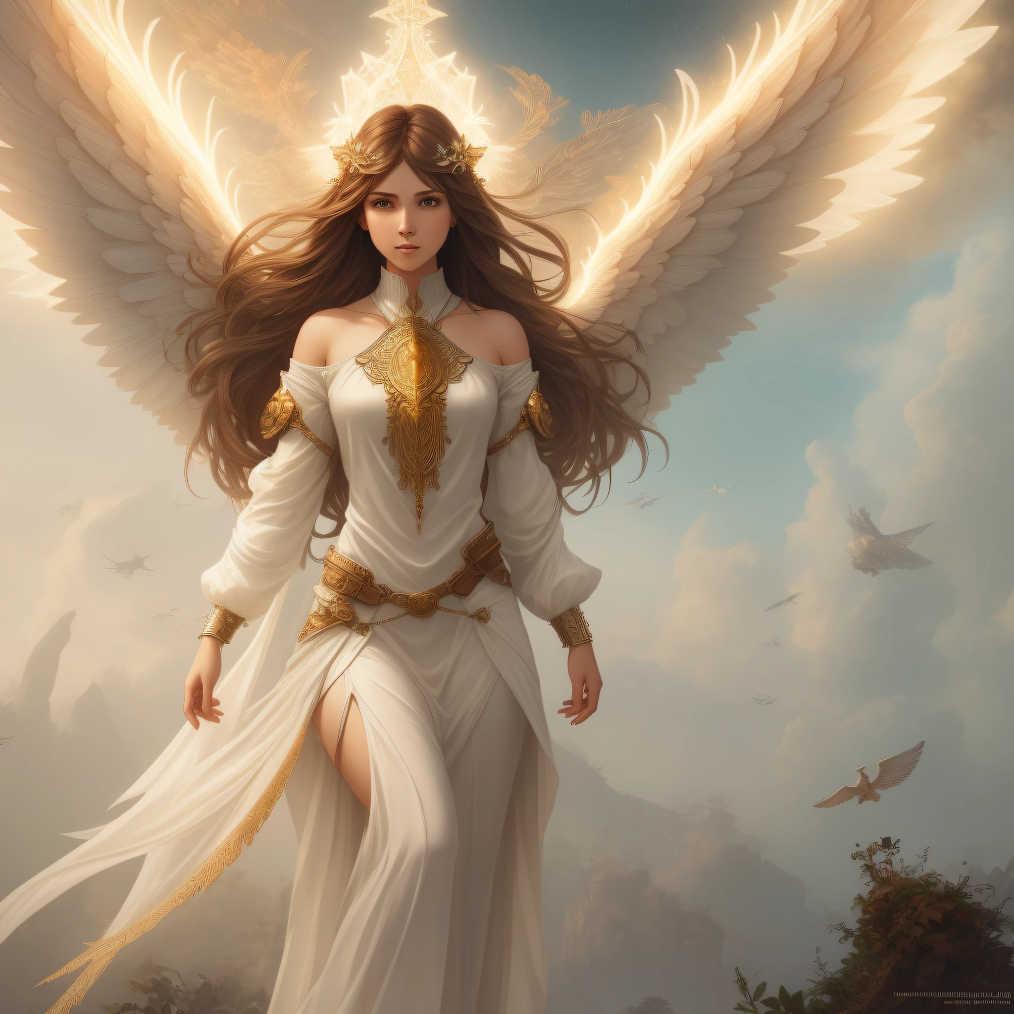 ((full body)), angel in the sky, young woman brown hair, angelic body, white and large wings, light background beams, medieval jungle hair, beautiful, rpg, beautiful art, small pojatti fusion, realistic, steampunk, fractal isometric details, bioluminescence: a stunning realistic photograph, impressive, 4k, unreal engine, intricate, highly detailed, beautiful lighting, clear fog, 8k, trend in Artstation, professional, dramatic, illustration, art by Artgerm and Greg Rutkowski and Alphonse Mucha, award-winning portrait, f/22, symmetrical.