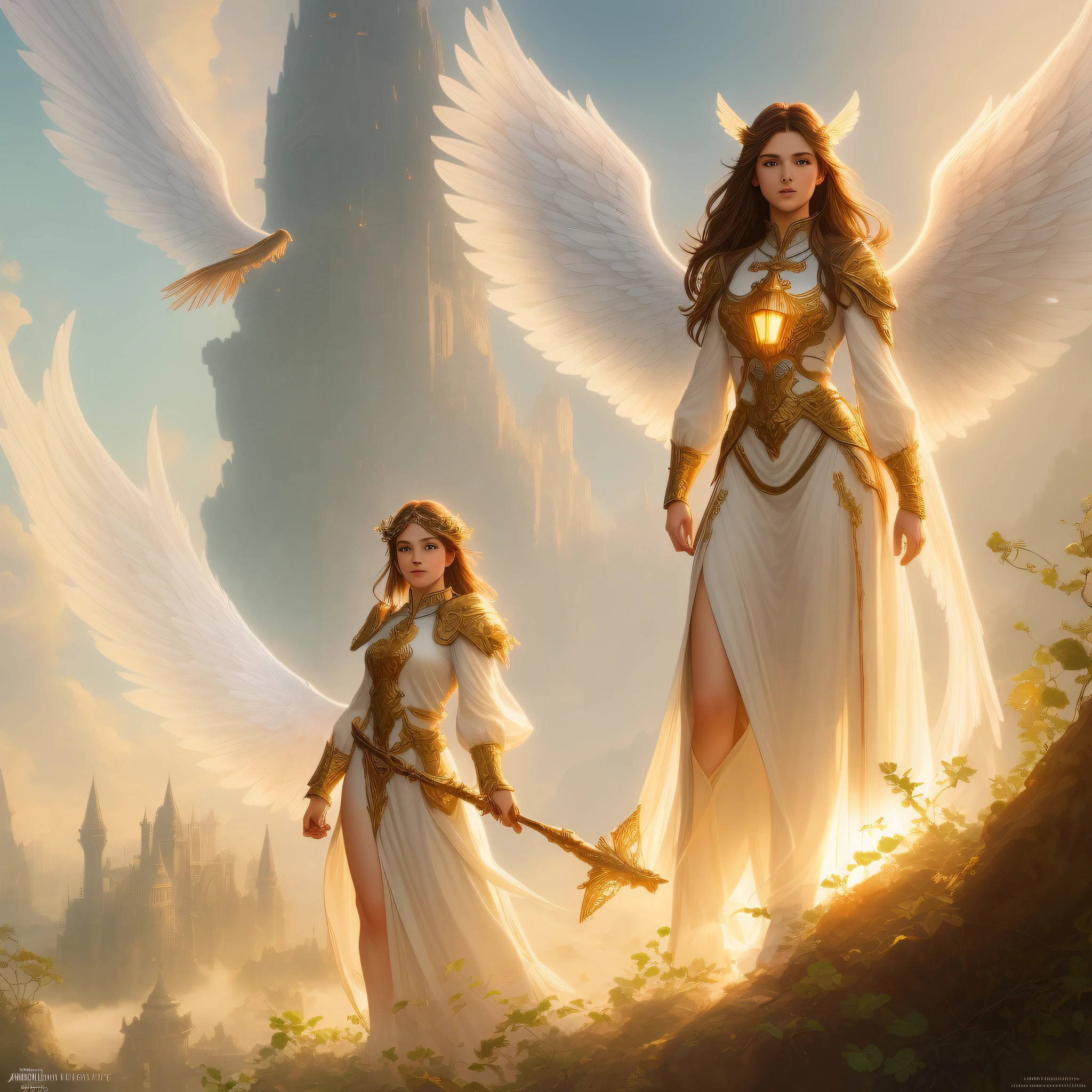 ((full body)), angel in the sky, young woman brown hair, angelic body, white and large wings, light background beams, medieval jungle hair, beautiful, rpg, beautiful art, small pojatti fusion, realistic, steampunk, fractal isometric details, bioluminescence: a stunning realistic photograph, impressive, 4k, unreal engine, intricate, highly detailed, beautiful lighting, clear fog, 8k, trend in Artstation, professional, dramatic, illustration, art by Artgerm and Greg Rutkowski and Alphonse Mucha, award-winning portrait, f/22, symmetrical.