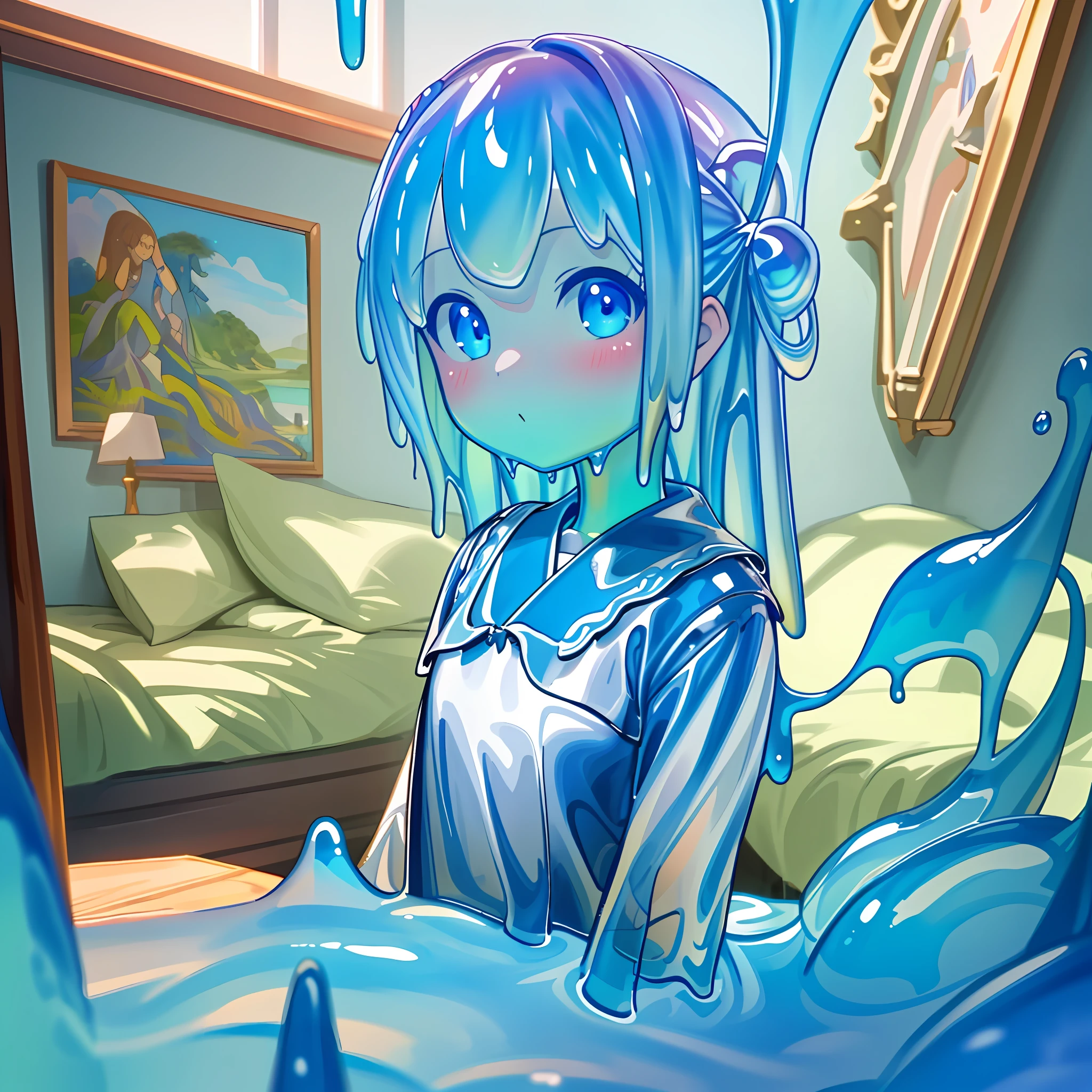 (masterpiece), best quality, 1girl, solo, slime girl, ligh, bedroom, loli, blue slime girl, upper body shot, portrait, digital art, beautiful, illustration, trending on artstation, featured on pixiv