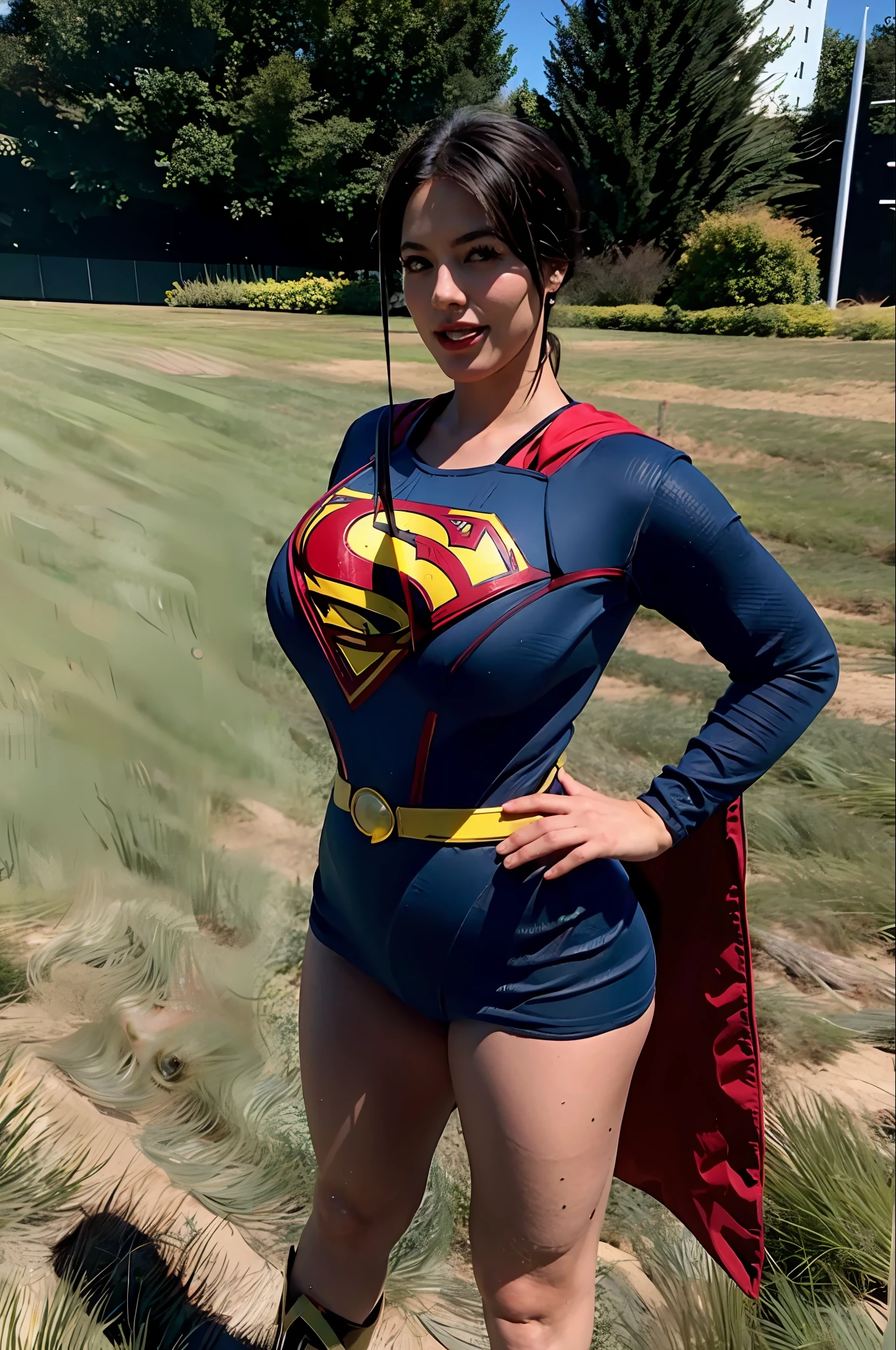 arafed woman in a superman costume posing in a field, supergirl, trending artgerm, artgerm jsc, cosplayer, cosplay, style artgerm, in the style artgerm, ig model | artgerm, publicity cosplay, cosplay photo, like artgerm, extremely detailed artgerm, super-hero girl