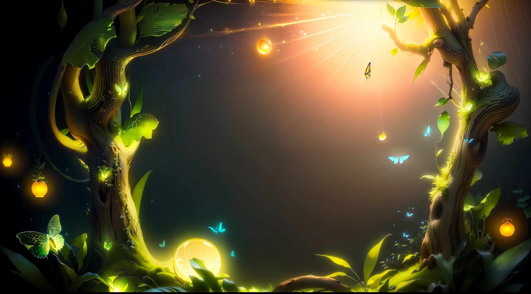 Masterpiece, Top Quality, (Blank Background), (Blank in the middle), (Very Detailed CG Unity 8k Wallpapers), (Top Quality), (Best Illustration), (Best Shadows), UI interface border design features natural elements of forest theme. The avatar frame is designed with a round shape surrounded by delicate leaves and branches, and features fireflies and glowing particle effects (UI interface frame design), (natural elements), (jungle theme), (jungle theme), (square), (leaves), (twigs), (fireflies), butterflies, (delicate leaves), (light), (particle effect)., isometric 3D, octane rendering, ray tracing, highly detailed