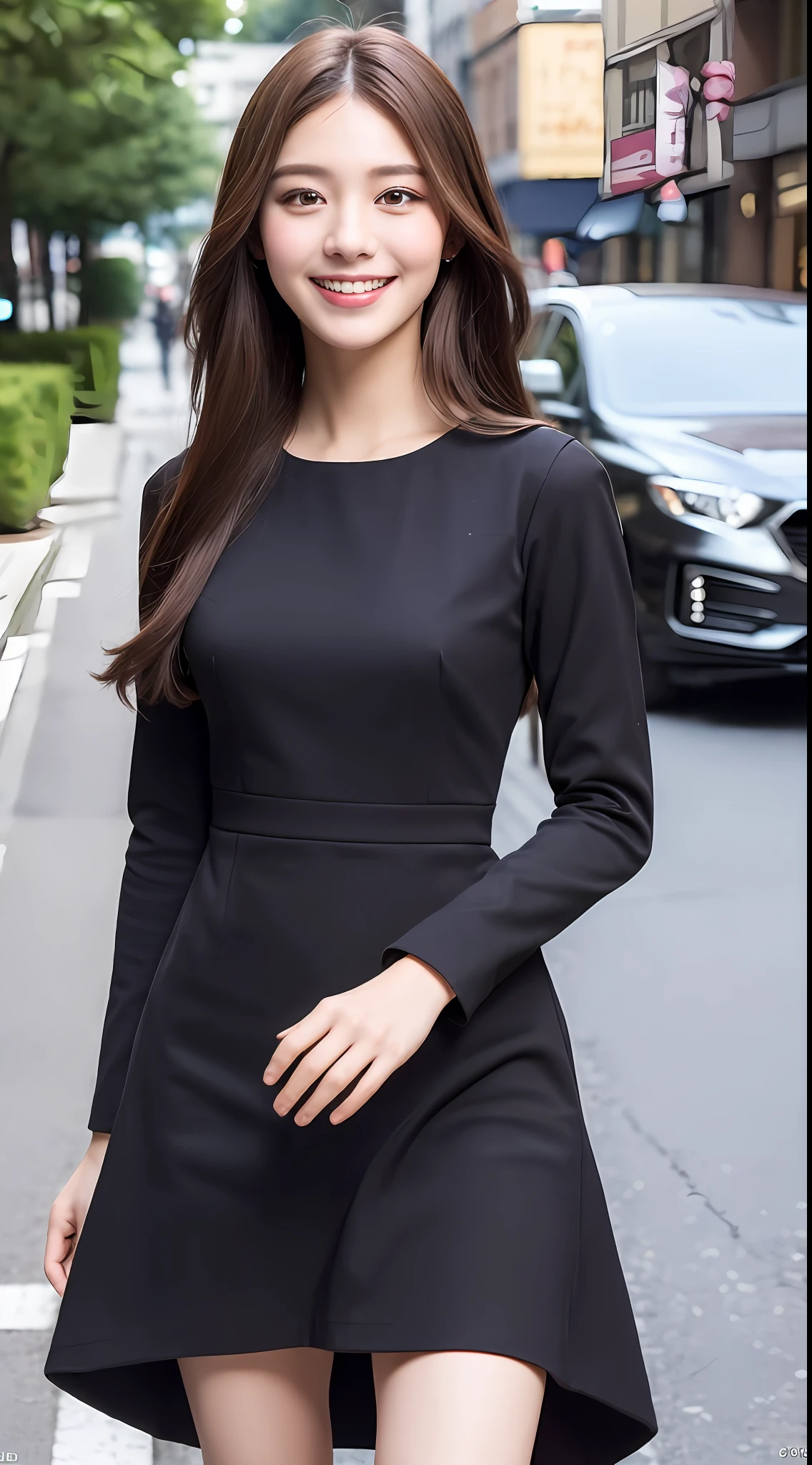 ((Best quality, 8k, Masterpiece :1.3)), 1girl, smiling, full body, slim face, Pretty woman, (Dark brown hair), full length dress :1.1, Ultra-detailed face, Detailed eyes, Double eyelid, blur background, slim face, city, outside, street,