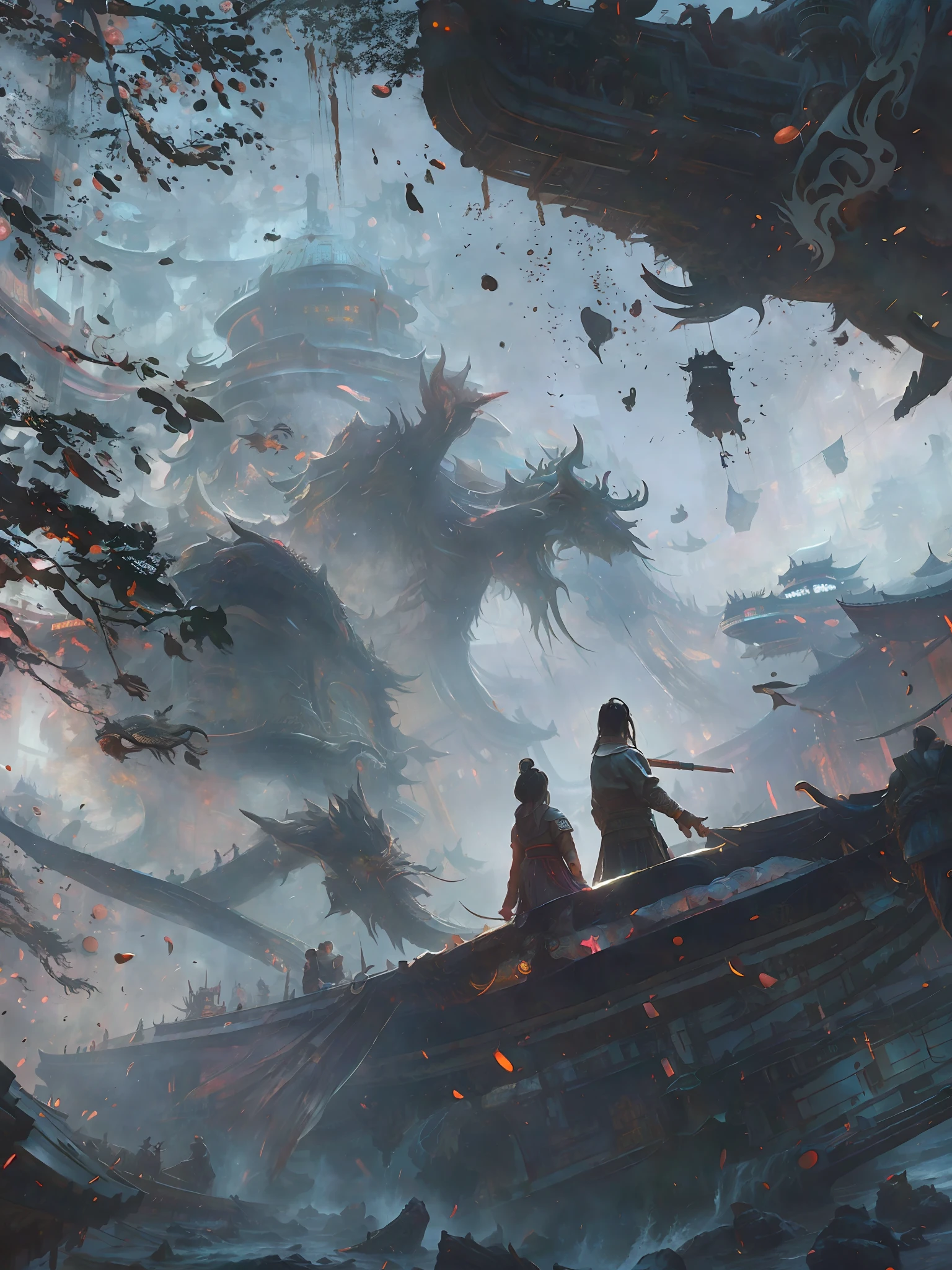 painting of two people on a boat in a river with a dragon, cinematic fantasy painting, by Fan Qi, inspired by Fu Baoshi, ismail inceoglu and ruan jia, ross tran and michael whelan, detailed painting 4 k, by Li Zai, by Yang J, sekiro mountain, inspired by Sōami, 4k fantasy art, by Li Song