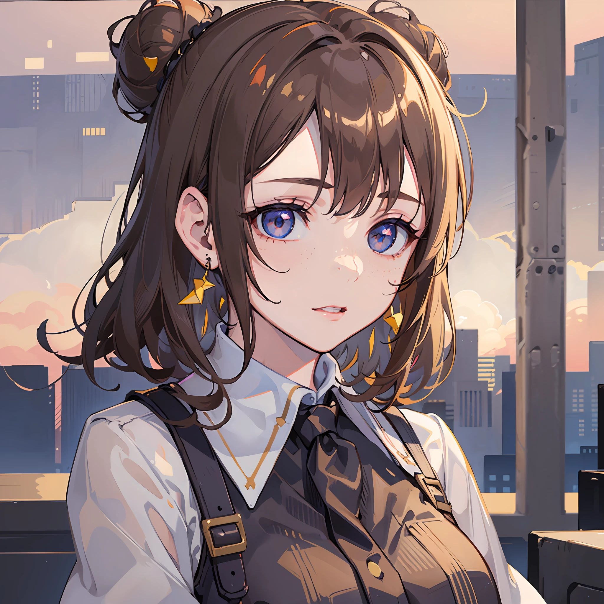 1girl, (solo:1.2), ((masterpiece)), slim, pale skin, ((detailed eyes)), (bokeh effect), (dynamic angle), brown hair, hair buns, hazel eyes, collared shirt, freckles, (professionalism), face shot
