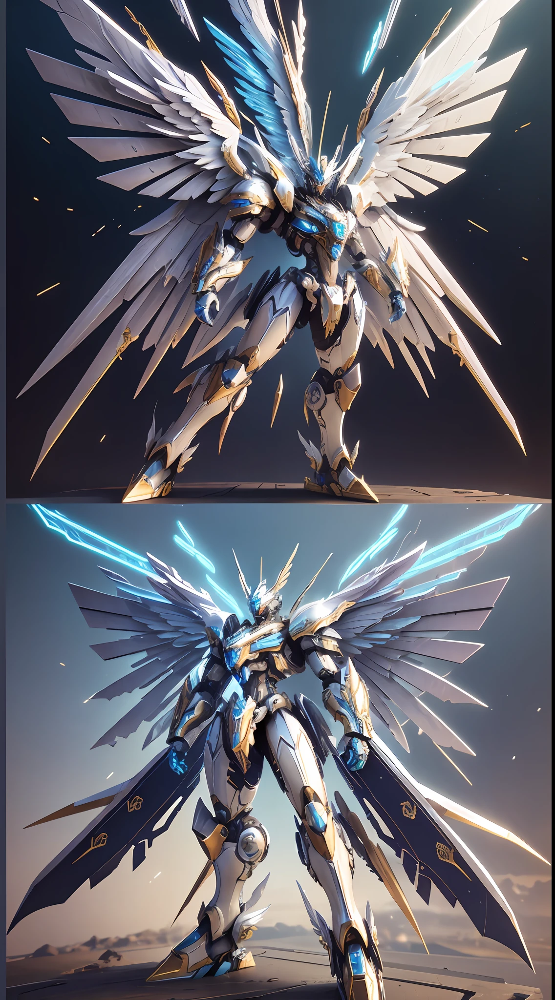 Steampunk style, cool colors, cinematic effects, huge sci-fi mecha, white-gold mecha with strong metallic luster, metallic wings on the back, wings are feathers and layered, holding Fang Tianji, Fang Tianji particle light, Fang Tianji particle special effects, aesthetic, scattered, battle posture, battle posture display, super details, perfect details, 8K, top painting, feature article, studio environment, concept art, epic composition, with HD details, metallic texture and tension composition, hyper-realistic, ultra-realistic, rich in detail.3D. C4D,