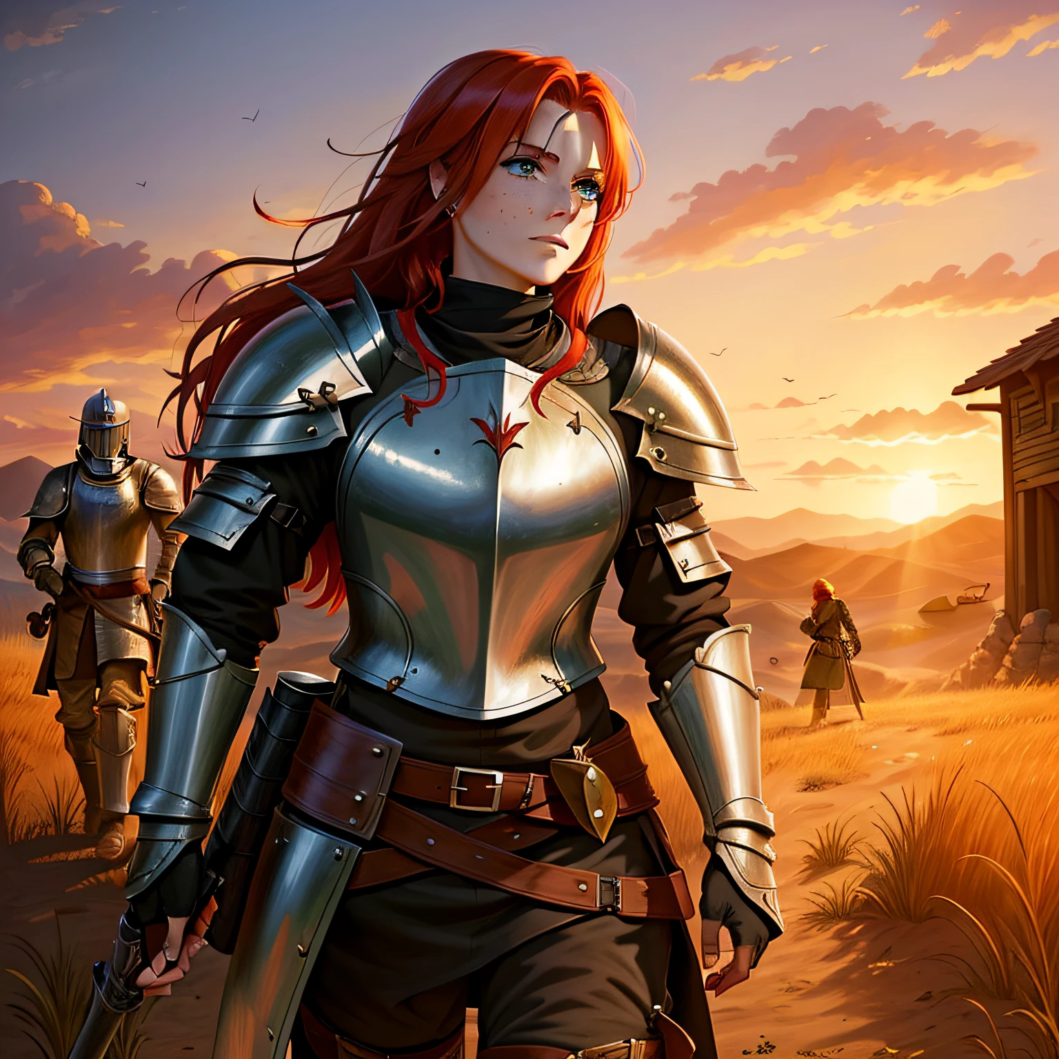 (masterpiece:1.2), (best quality:1.2), 1girl, 1guy, a red haired female knight with green eyes and freckles loses a battle against a bandit and surrenders, eyeliner, bloody lip, broken armor, pinned to the ground, captive, prisoner of war, enslaved, defeated, afraid but secretly happy, medieval, sunset