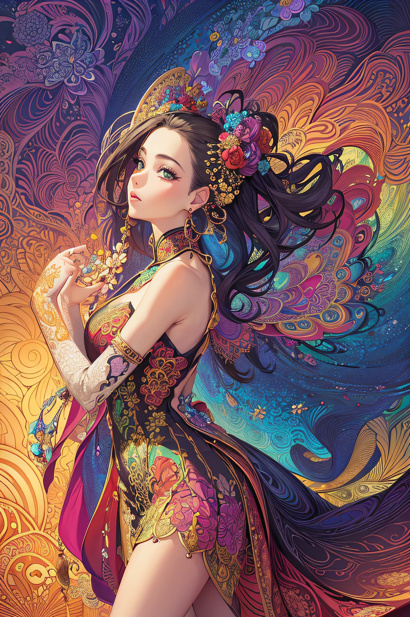 (masterpiece, top quality, best quality, official art, beautiful and aesthetic:1.2), (1girl:1.3), extremely detailed,(fractal art:1.1),(colorful:1.1)(flowers:1.3),highest detailed,(zentangle:1.2), (dynamic pose), (abstract background:1.3), (chinese dress:1.2), (shiny skin), (many colors:1.4), ,(earrings:1.4),