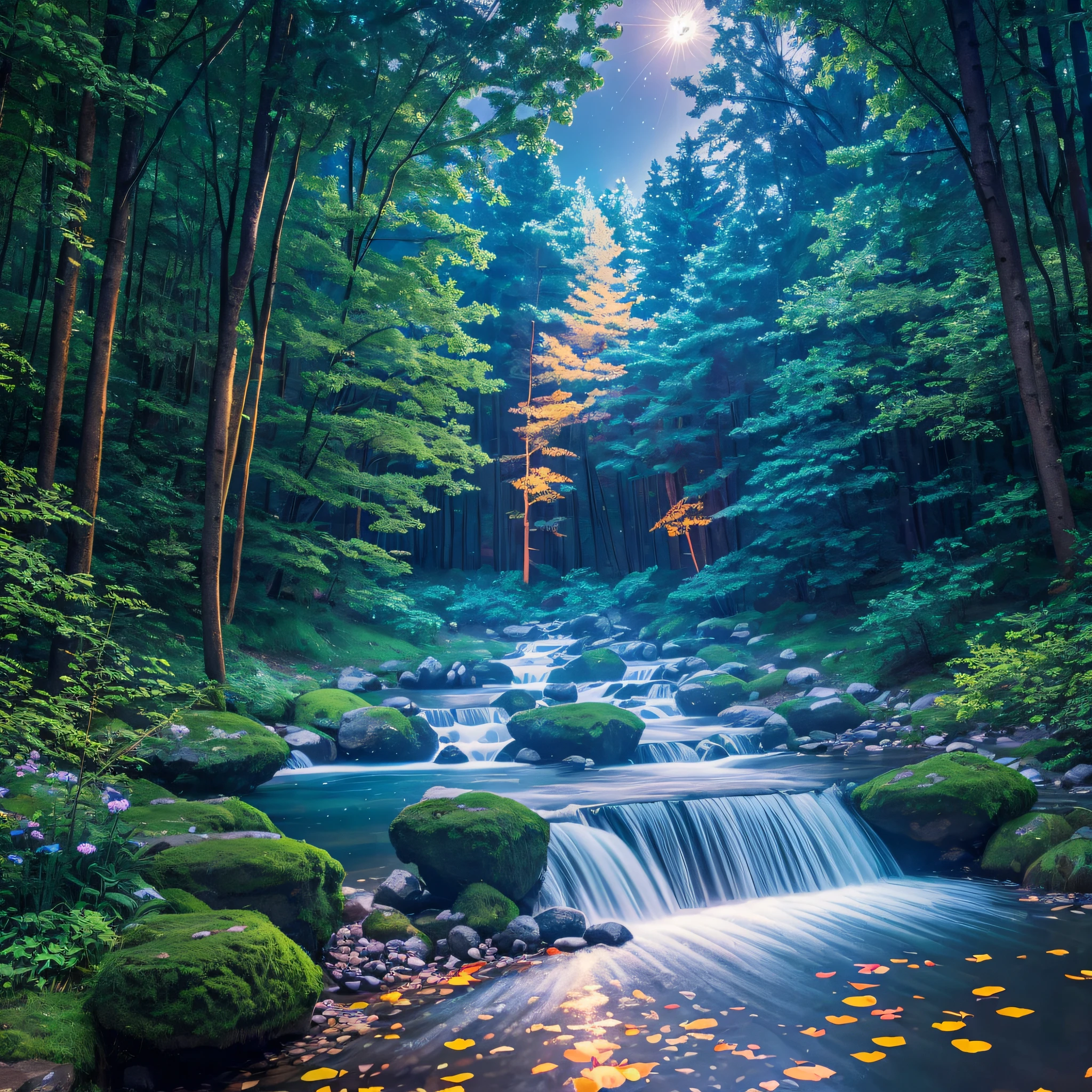 An enchanted forest, with lakes, and lights, running water at night, maximum quality, work of art, work of art, maximum detail, wide-angle lens, perfection, many details, nature --auto --s2