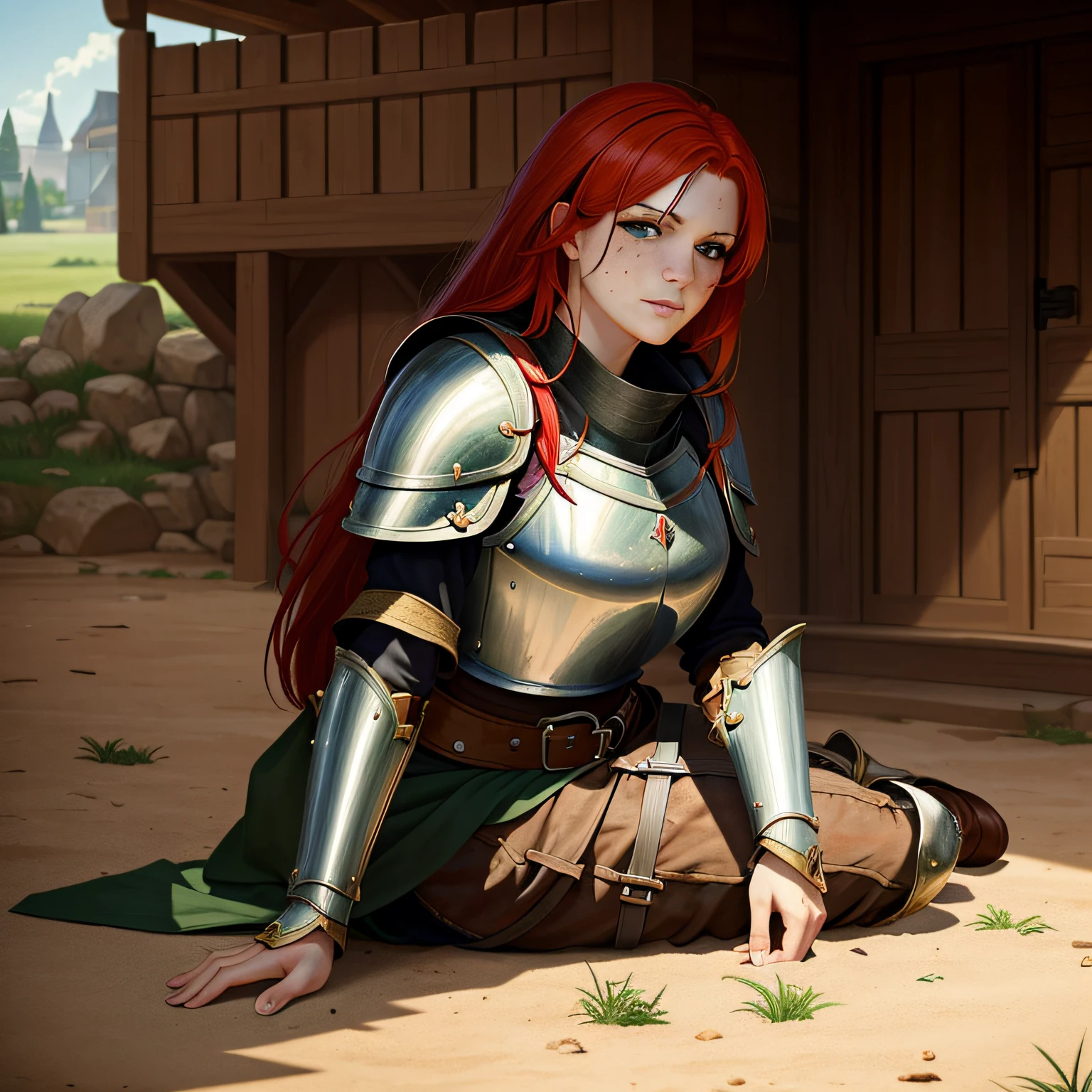(masterpiece:1.2), (best quality:1.2), 1girl, 1guy, a red haired female knight with green eyes and freckles loses a battle against a bandit and surrenders on the ground, eyeliner, bloody lip, broken armor, pinned, captive, prisoner of war, enslaved, defeated, secretly happy, medieval