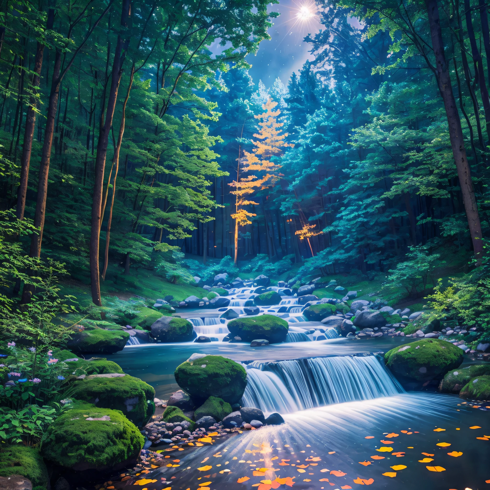 An enchanted forest, with lakes, and lights, running water at night, maximum quality, work of art, work of art, maximum detail, wide-angle lens, perfection, many details, nature --auto --s2