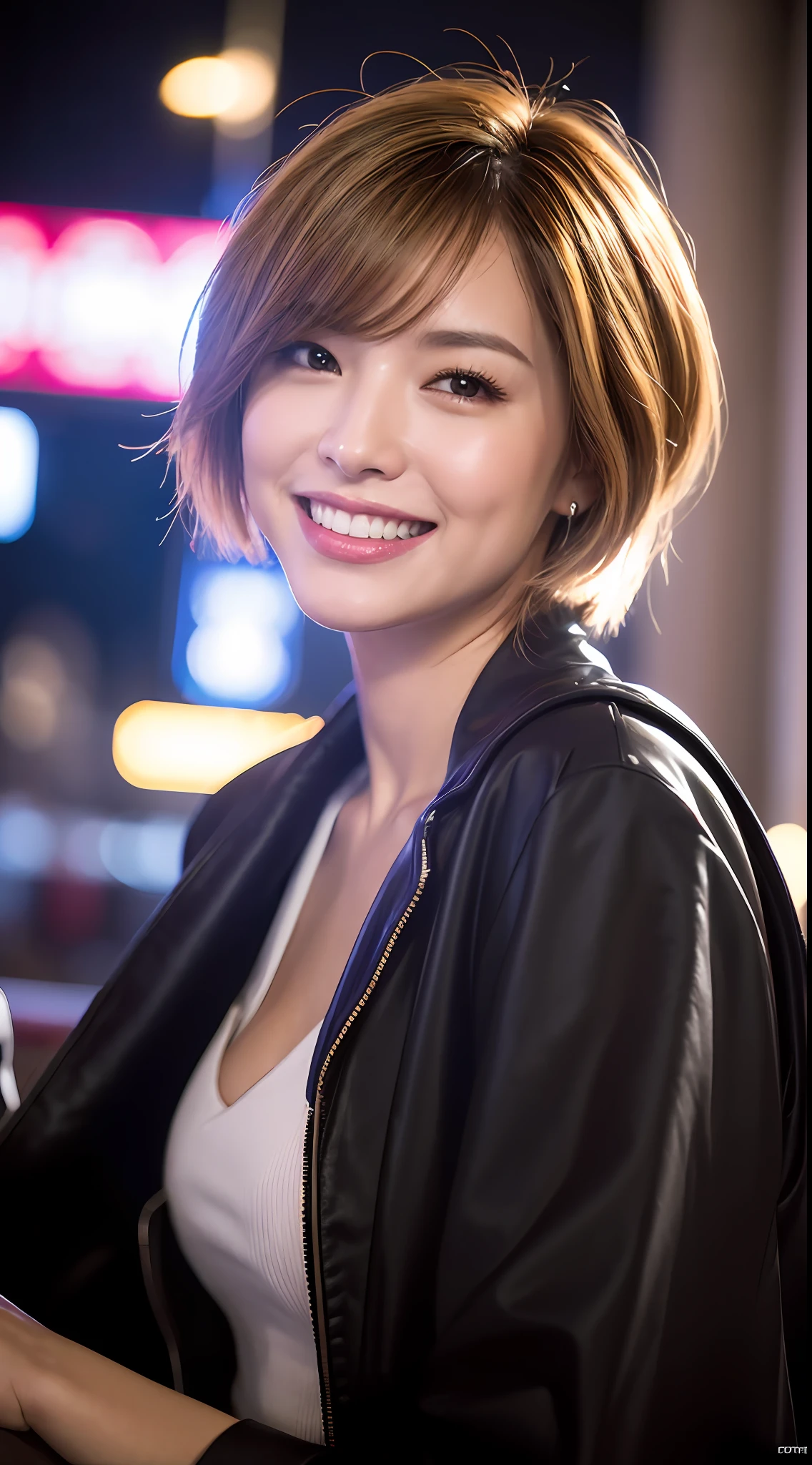 (8k, RAW Photos, Best Quality, High Resolution: 1.1), (Ultra Realistic: 1.4), (Realistic, Photorealistic: 1.3), Soft Light, Big Girl, Realistic Face, Realistic Body, Realistic Skin, Absurdity, Masterpiece, (Cute: 1.8), Cuties, Solo, (Large: 1.2), Detailed Black Eyes, Innocent Eyes, Cheeks, (Parker: 1.2), Cinema Light, Film Grain, (((Short Hair: 1.1)), Cherry Colored Lips, Close Up, Look Viewer, Upper Body, Open Lips, Upper Teeth, (Smiling Eyes: 0.6), (grinning: 1.2)), Depth of Field, Blurred Background, Eye Focus, Bokeh, Midnight, Shinjuku, Neon Sign, Cyberpunk, Rain, 85mm Lens, f/1.4, Professional Lighting, Young, Portrait, Photon mapping, radiosity, and physically based rendering