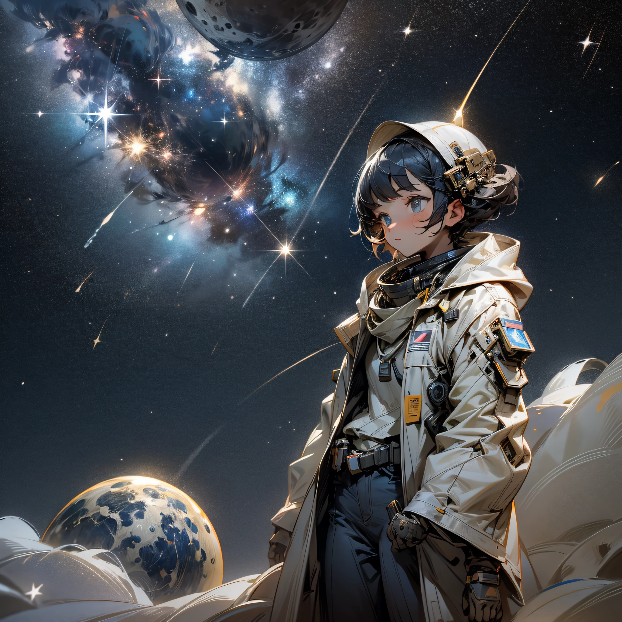 A girl stands on the moon with earth, universe, starry sky, milky way in the background