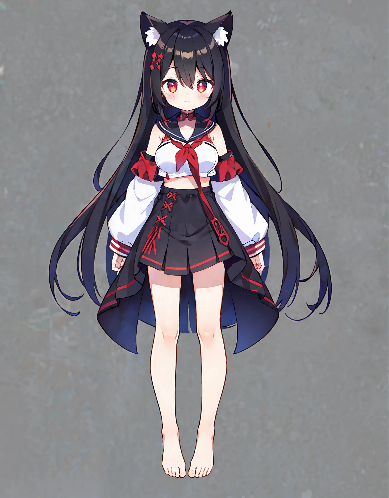 girl,cat ears ,medium boobs ,black hair ,red eyes ,long hair ,red hairpin ,messy hair,hair between eyes ,(vtuber fullbody ,standing ,bare shoulders ,sailors shirt ,bare feet ,bare legs ,blush ,happy ,slit pupils)