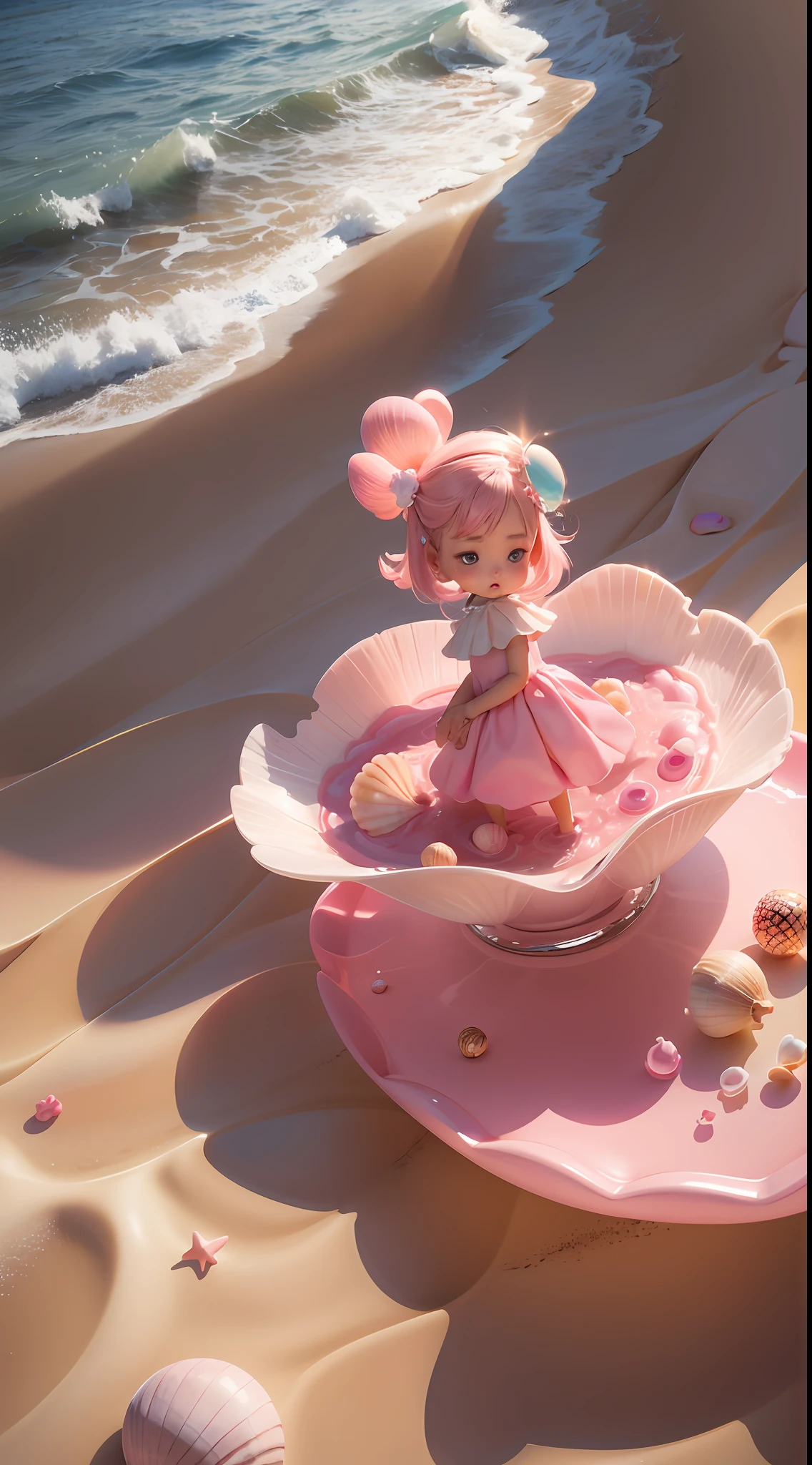 (8k, RAW photo, best quality, masterpiece: 1.2), (realistic, realistic: 1.37) There are many pink shells on the beach, there is water, pearl, pearl and shell, soft spill, pearlization, pink jellyfish everywhere, soft 3D rendering, ethereal bubbles, bubble landscape, Iray shader, soft pink, pink reflection, pearl sky, shells, paradise pink, pastel colors, pink pastels