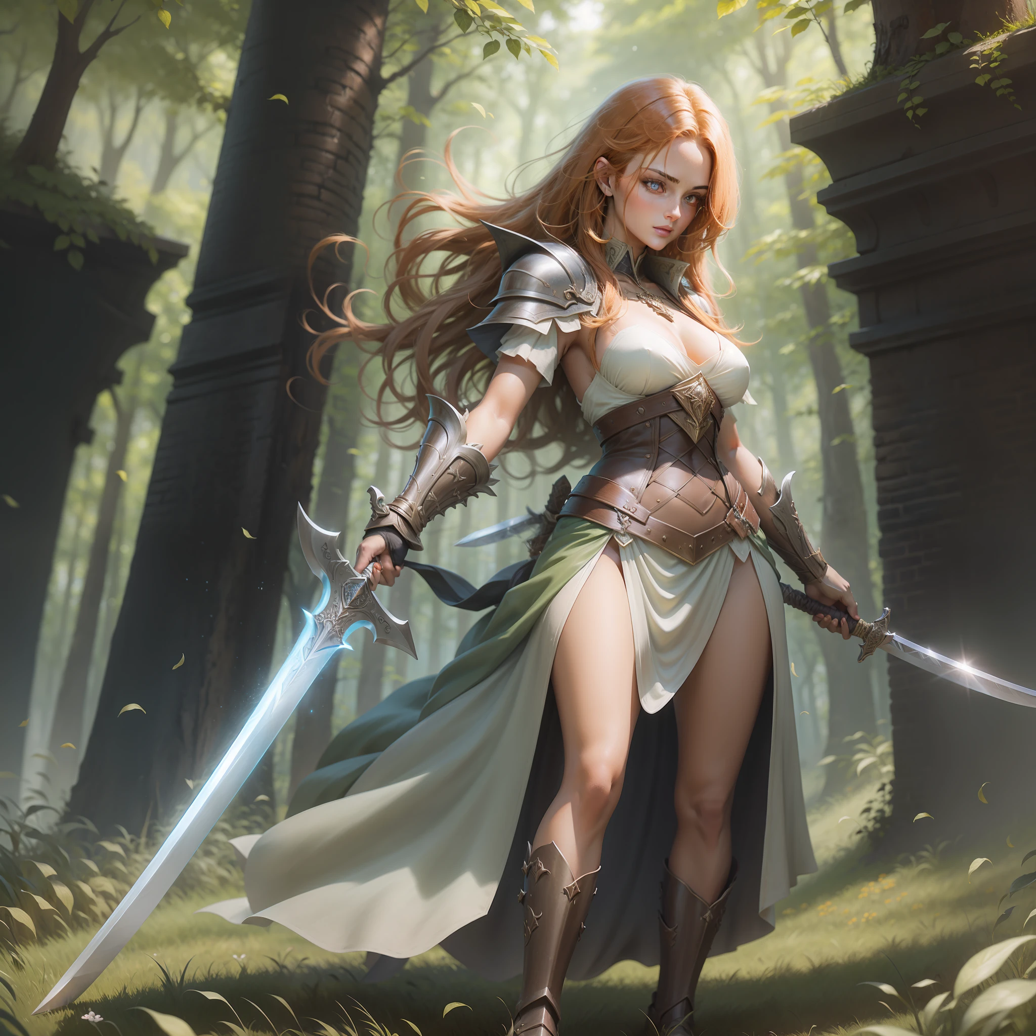 Close-up of a woman holding a sword in the field, full body, ginger sword, war blade weapon, shiny sword, wielding sword, fantasy blade, beautiful sword, huge super large sword, holding fantasy sword, fantasy sword, fantasy sword, warrior sword, ghost blade style, holding a giant sword, wielding a magic sword, holding a giant sword, shining sword, 2K