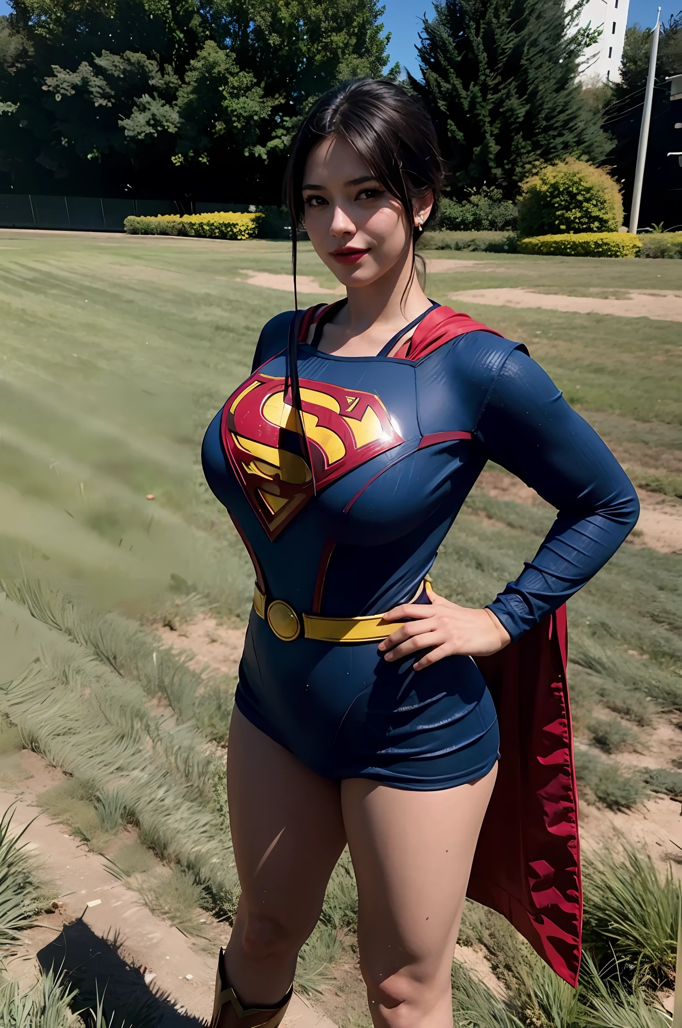 arafed woman in a superman costume posing in a field, supergirl, trending artgerm, artgerm jsc, cosplayer, cosplay, style artgerm, in the style artgerm, ig model | artgerm, publicity cosplay, cosplay photo, like artgerm, extremely detailed artgerm, super-hero girl