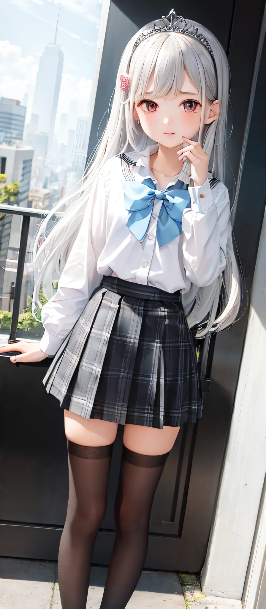 1girl, (masterpiece:1.1), (best quality:1.1), (white blouse:1.1), (plaid skirt:1.1), school uniform, high waisted skirt, BREAK [blue:pink:0.5] theme, (Urban Background: 1.1), denim lens, BREAK silver, long hair, red eyes, delicate tiara, sideways, white stockings, shy, Very cute, shy, can't see hands